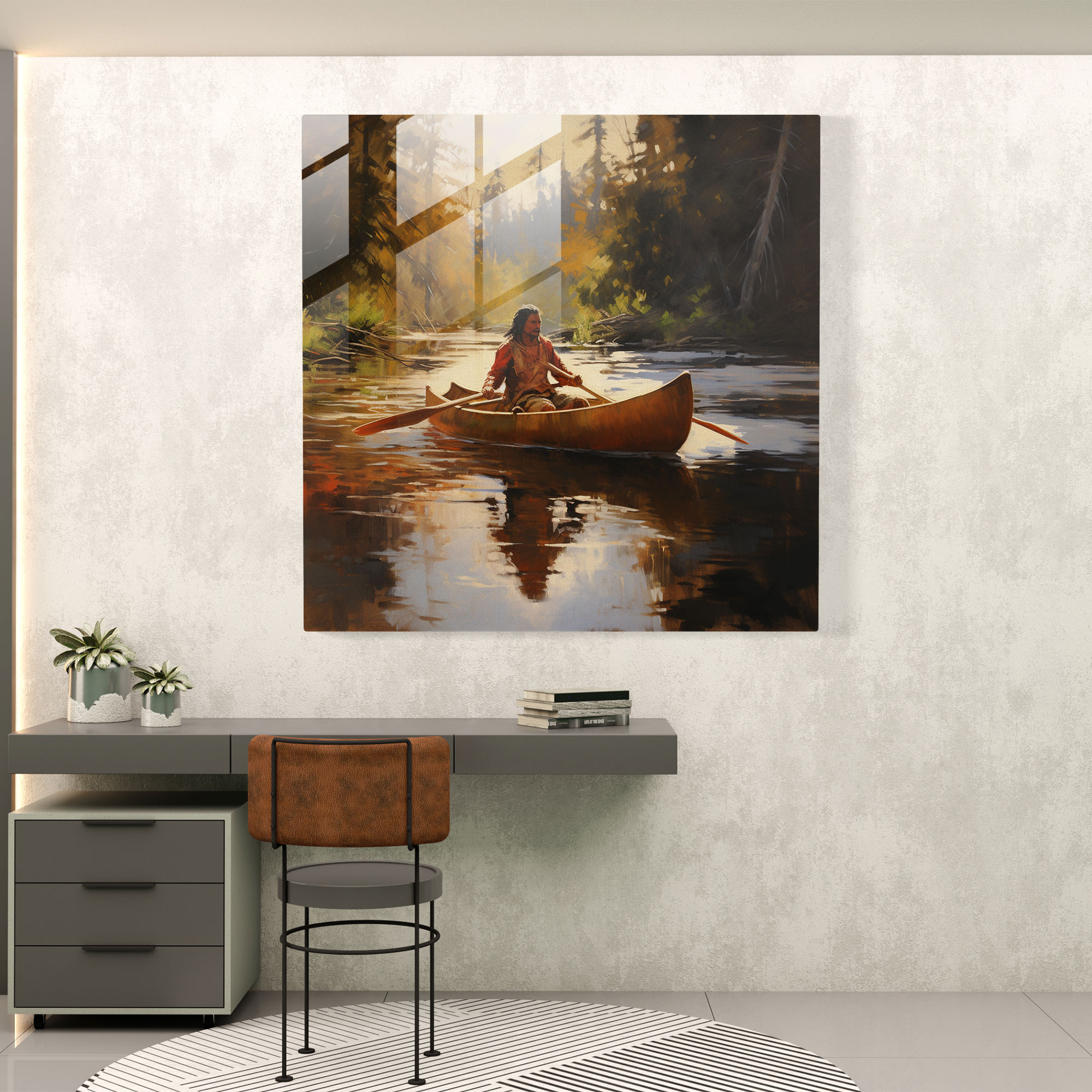 Red Indian Canoe Glass Print - Red Indian, Modern Art, Home Decoration, Red Indian Canoe
