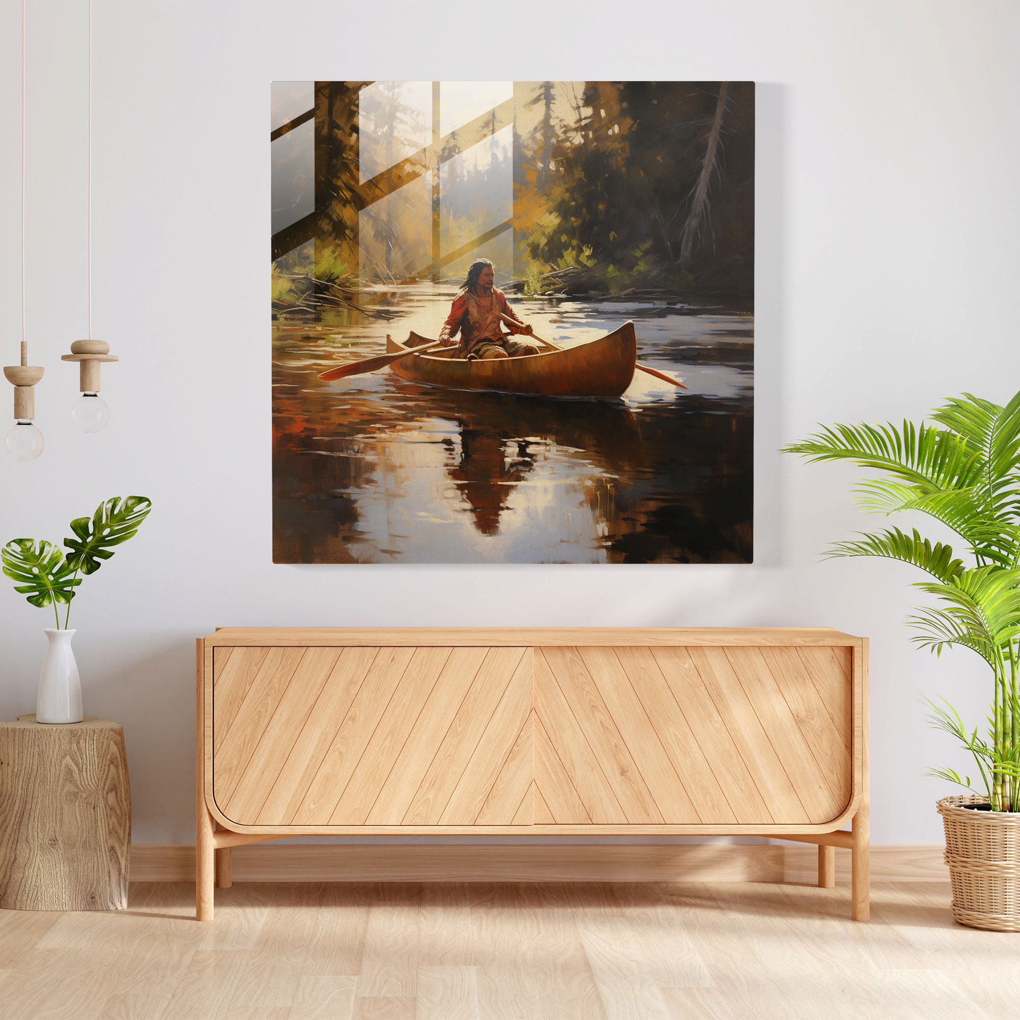 Red Indian Canoe Glass Print - Red Indian, Modern Art, Home Decoration, Red Indian Canoe