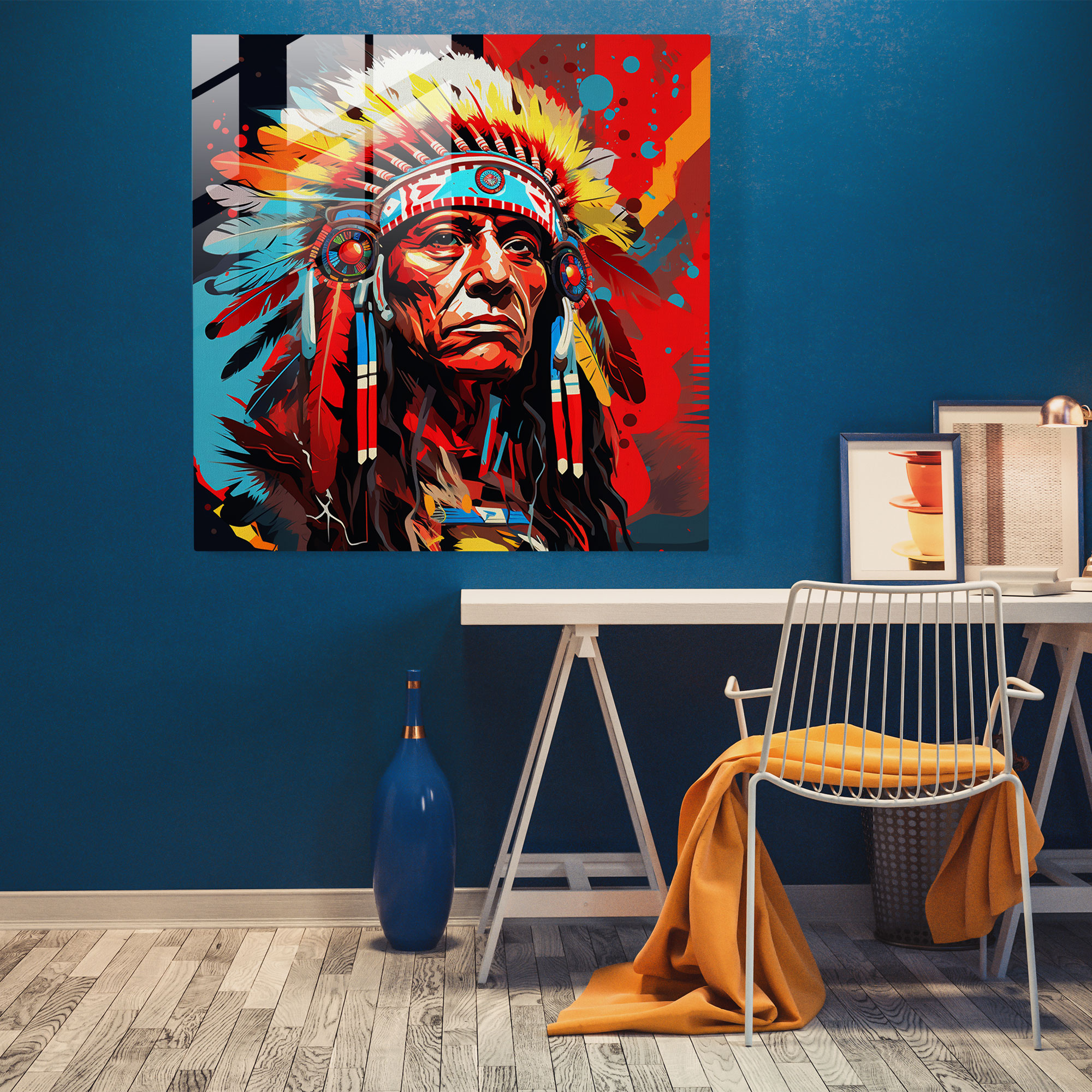 Red Indian Pop Art Glass Print - Red Indian, Home Decoration, Pop Art, Glass Art