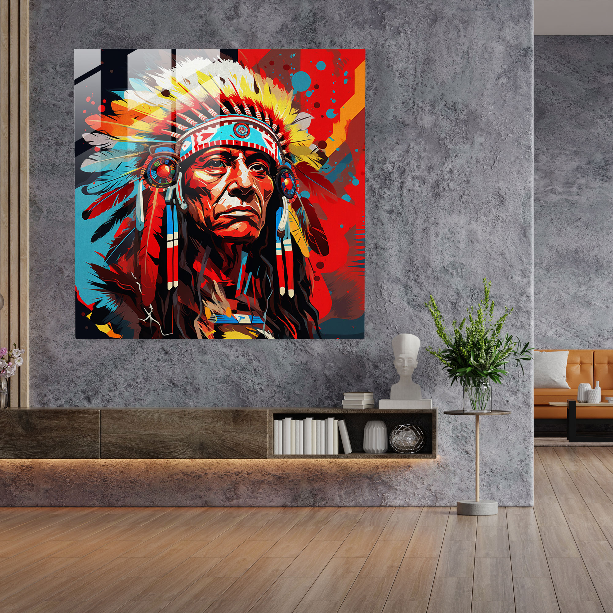 Red Indian Pop Art Glass Print - Red Indian, Home Decoration, Pop Art, Glass Art