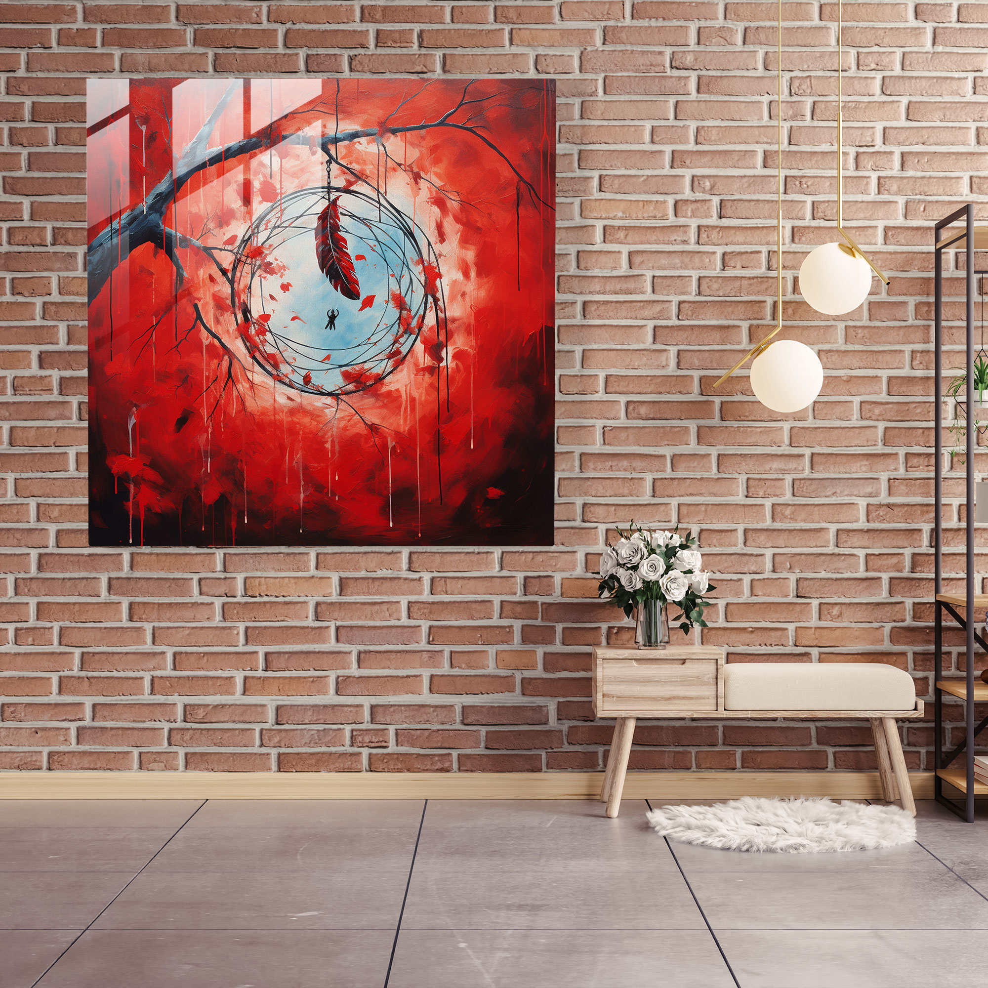 Red Indian Dreamcatcher Glass Print - Red Indian, Vibrant Red Feathers, Glass Print, Modern Art
