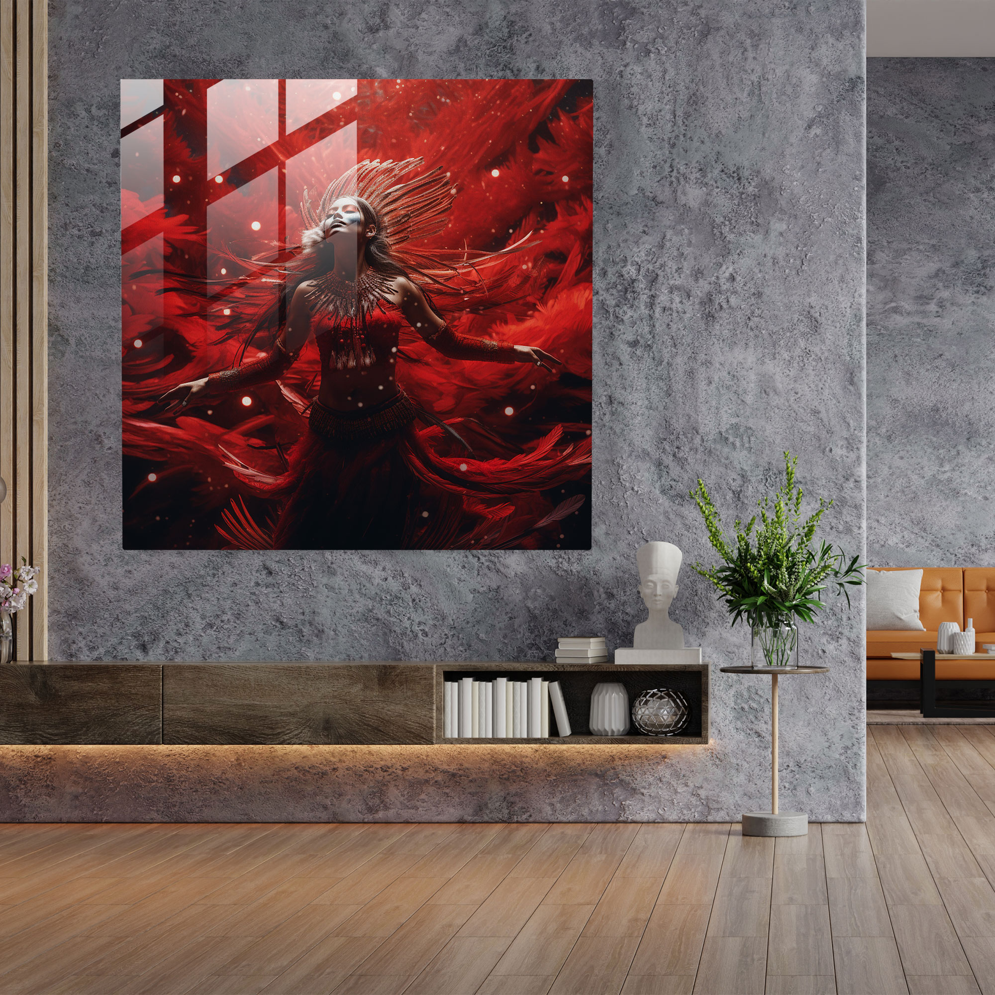 Red Indian Dancer Glass Print - Red Indian, Surreal Artwork, Dreamlike Landscapes, Glass Wall Art