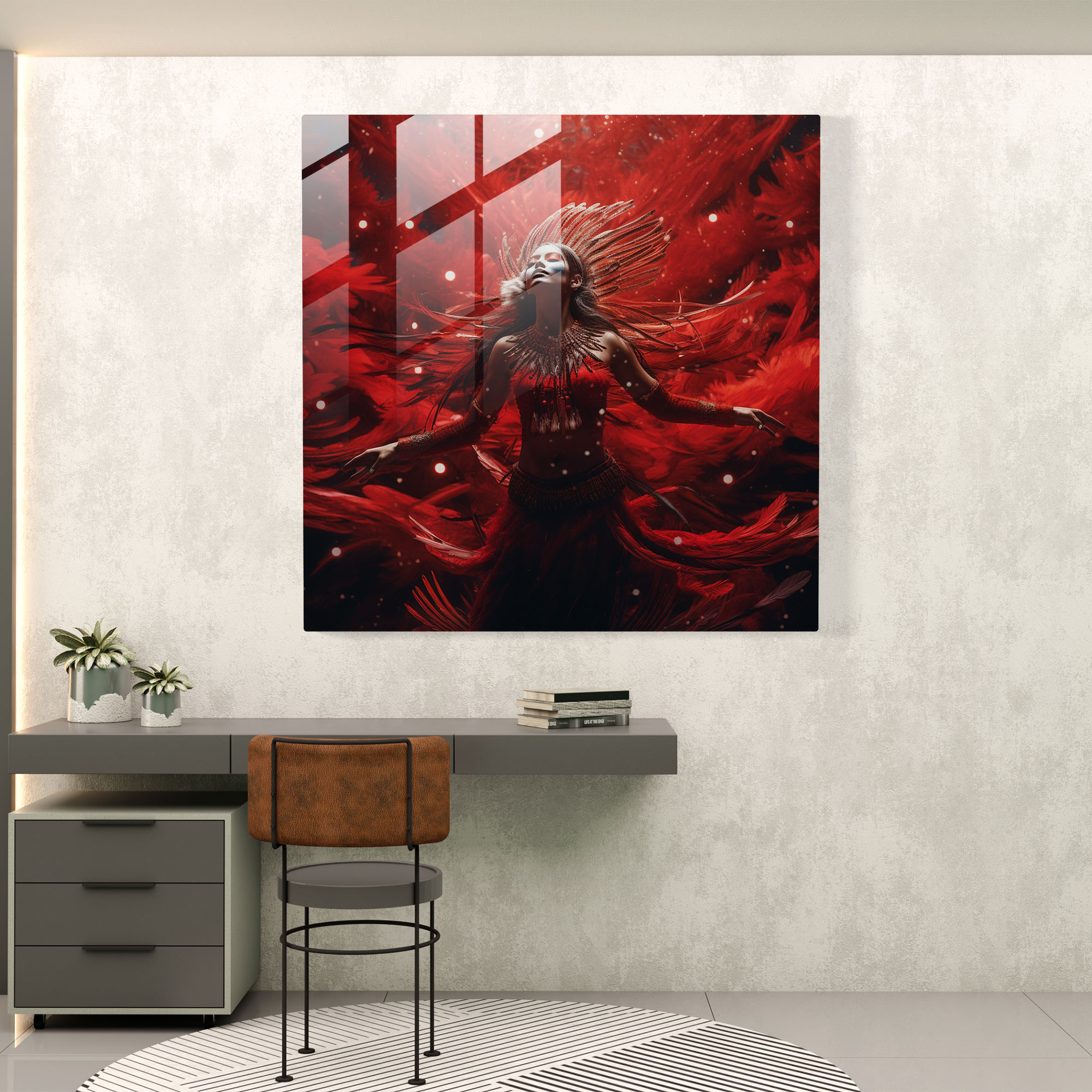 Red Indian Dancer Glass Print - Red Indian, Surreal Artwork, Dreamlike Landscapes, Glass Wall Art