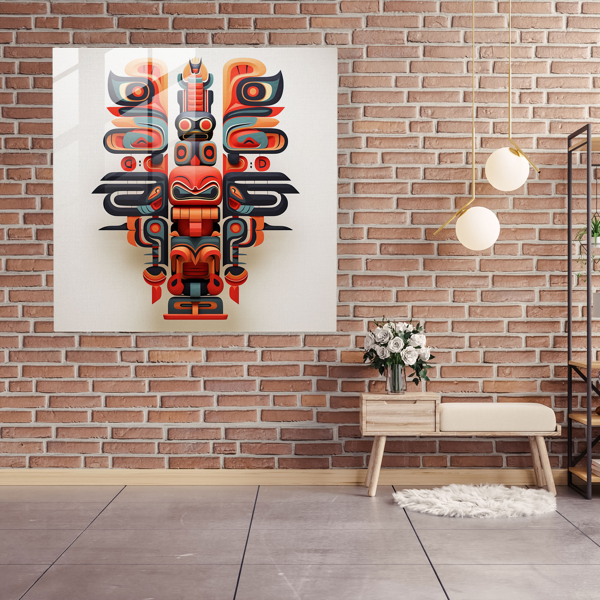 Red Indian Totem Glass Print - Red Indian, Glass Art, Native American Totem Pole, Orange Geometric Patterns