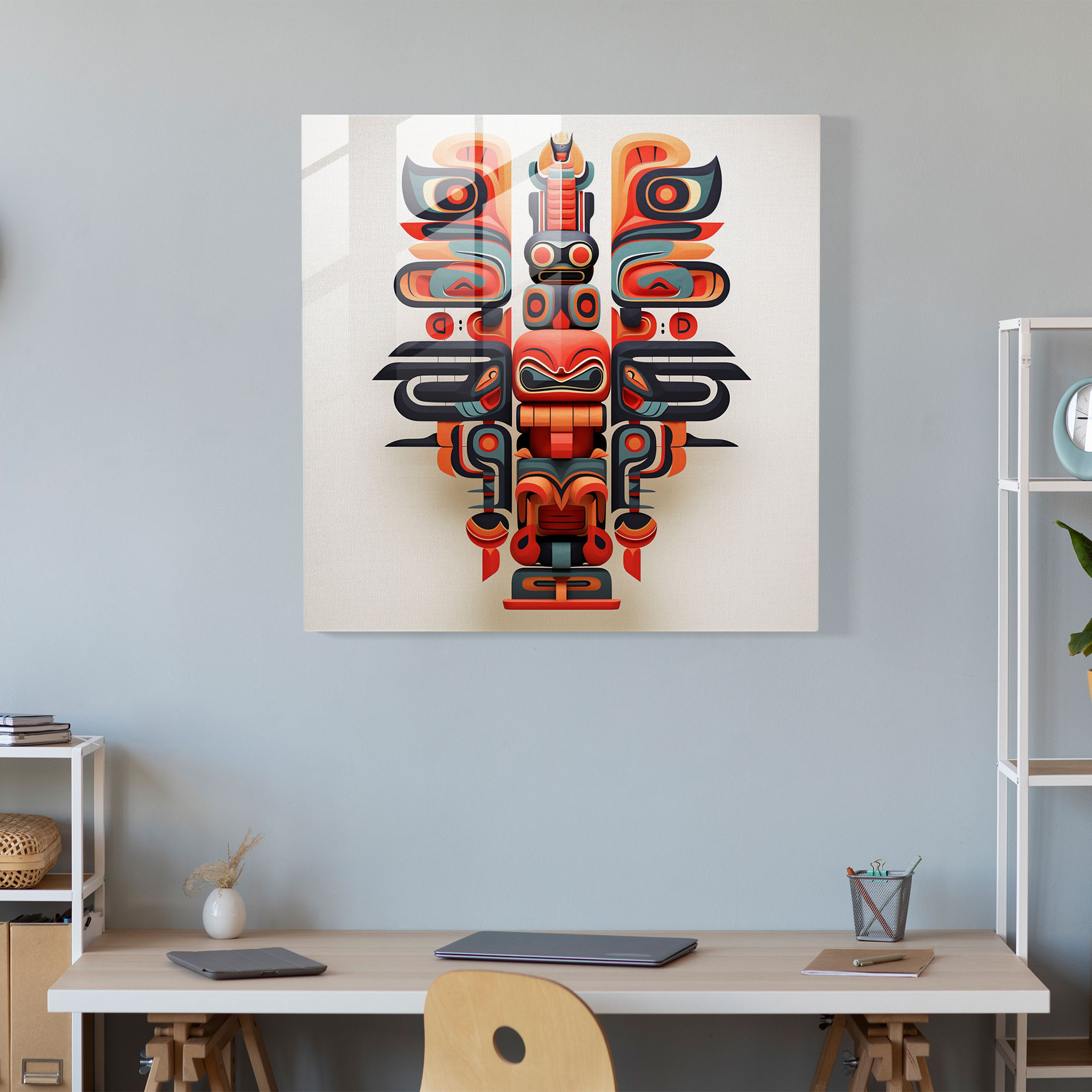 Red Indian Totem Glass Print - Red Indian, Glass Art, Native American Totem Pole, Orange Geometric Patterns