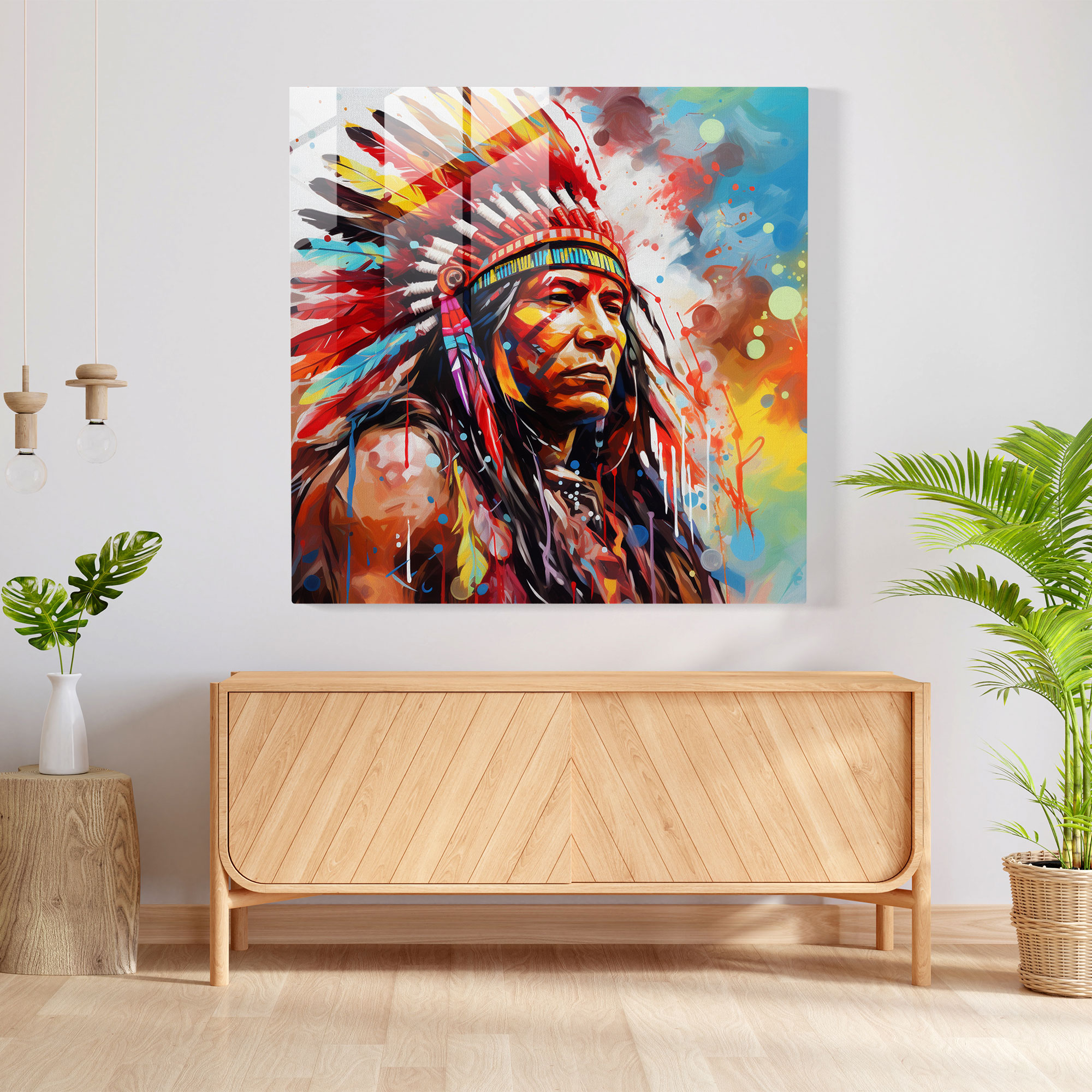 Red Indian Glass Print - Abstract Native American Celebration - Red Indian, Wall Decoration, Native American, Home Decoration