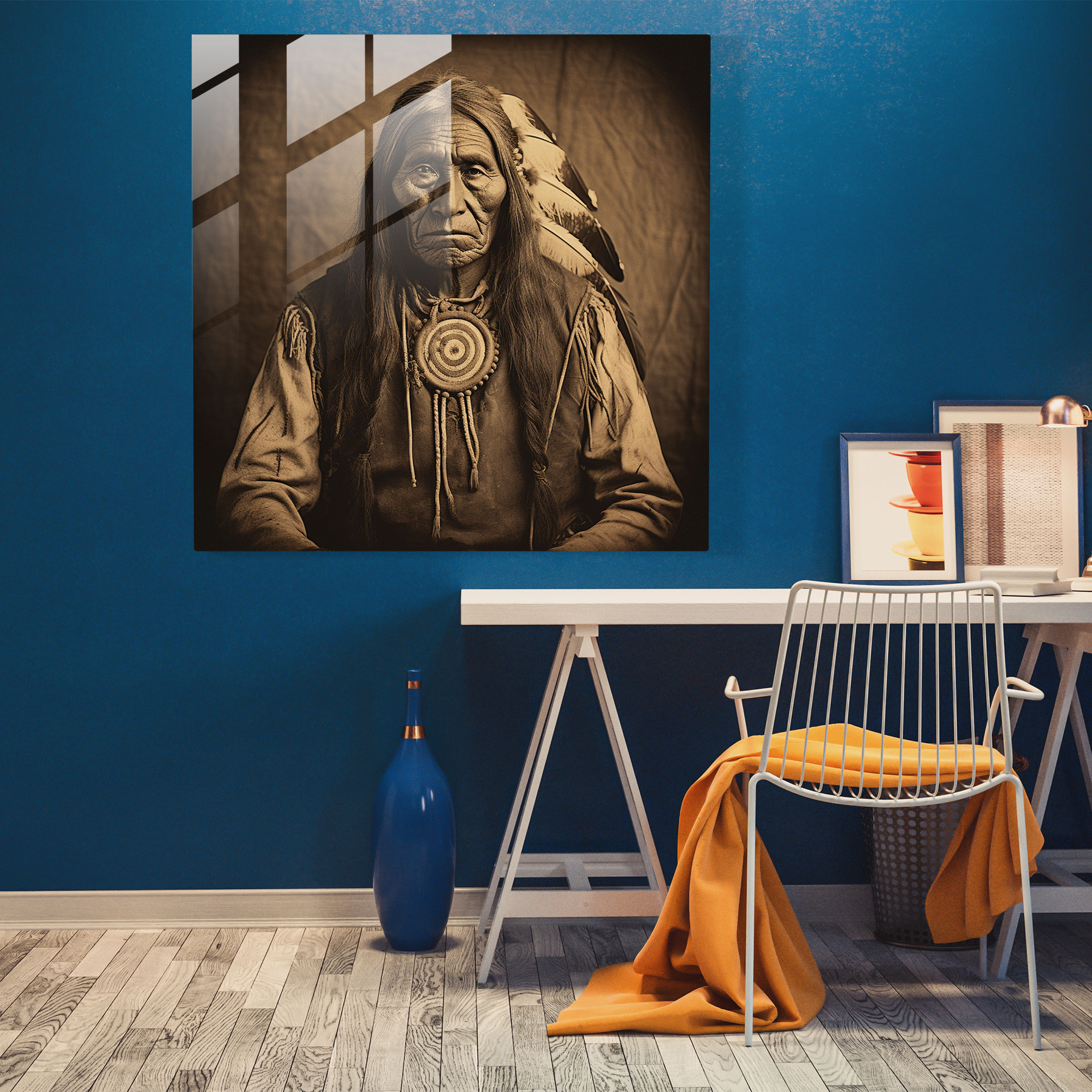 Red Indian Glass Print - Vintage Native American Chief Portrait - Red Indian, Wisdom, History, Red Indian