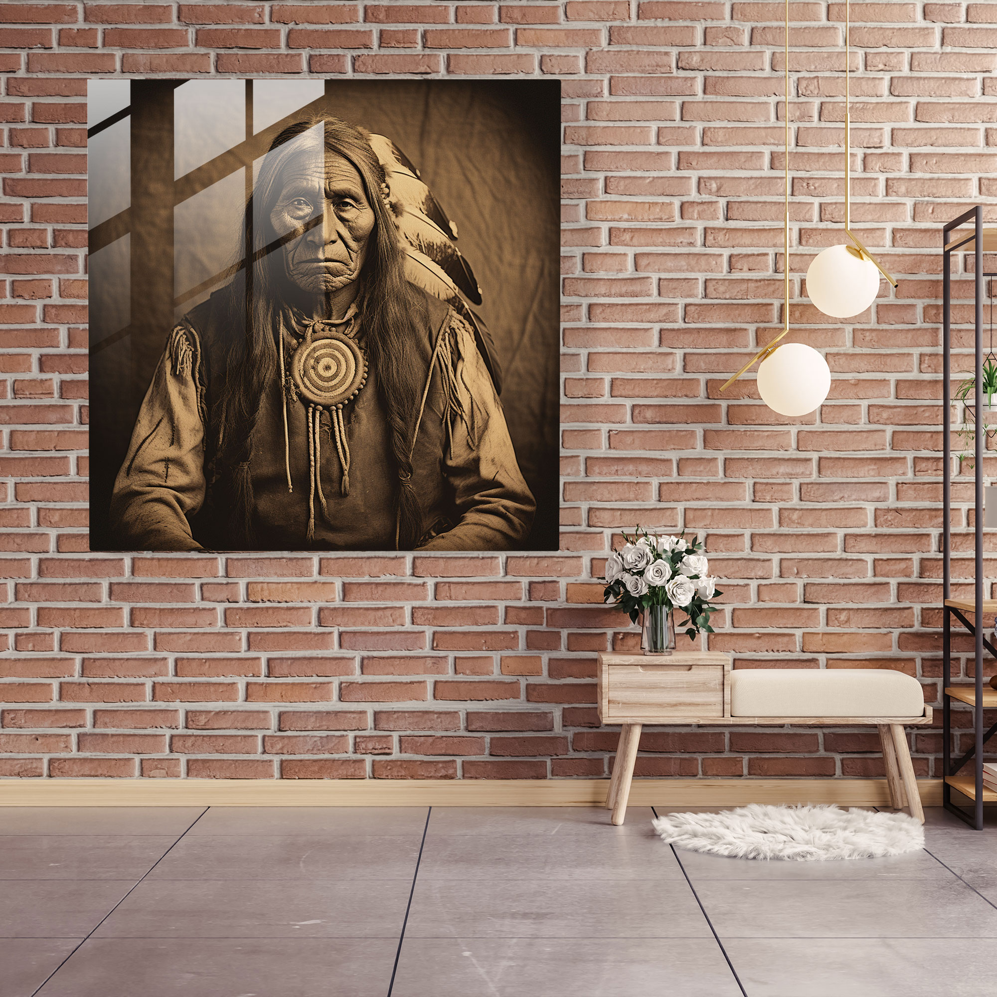 Red Indian Glass Print - Vintage Native American Chief Portrait - Red Indian, Wisdom, History, Red Indian