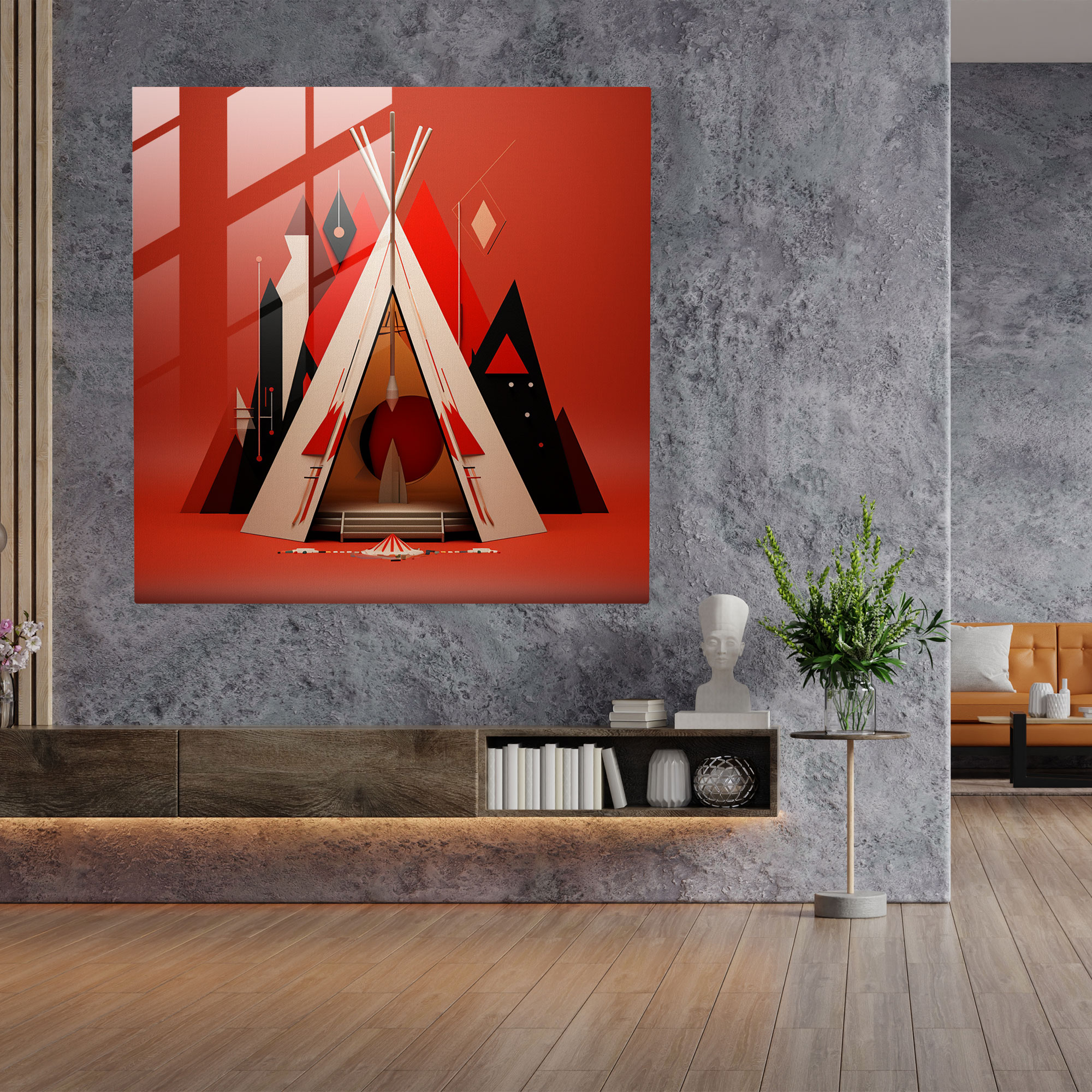 Red Indian Glass Print - Modern Teepee Geometric Design - Red Indian, Modern, Red Indian, Glass Art