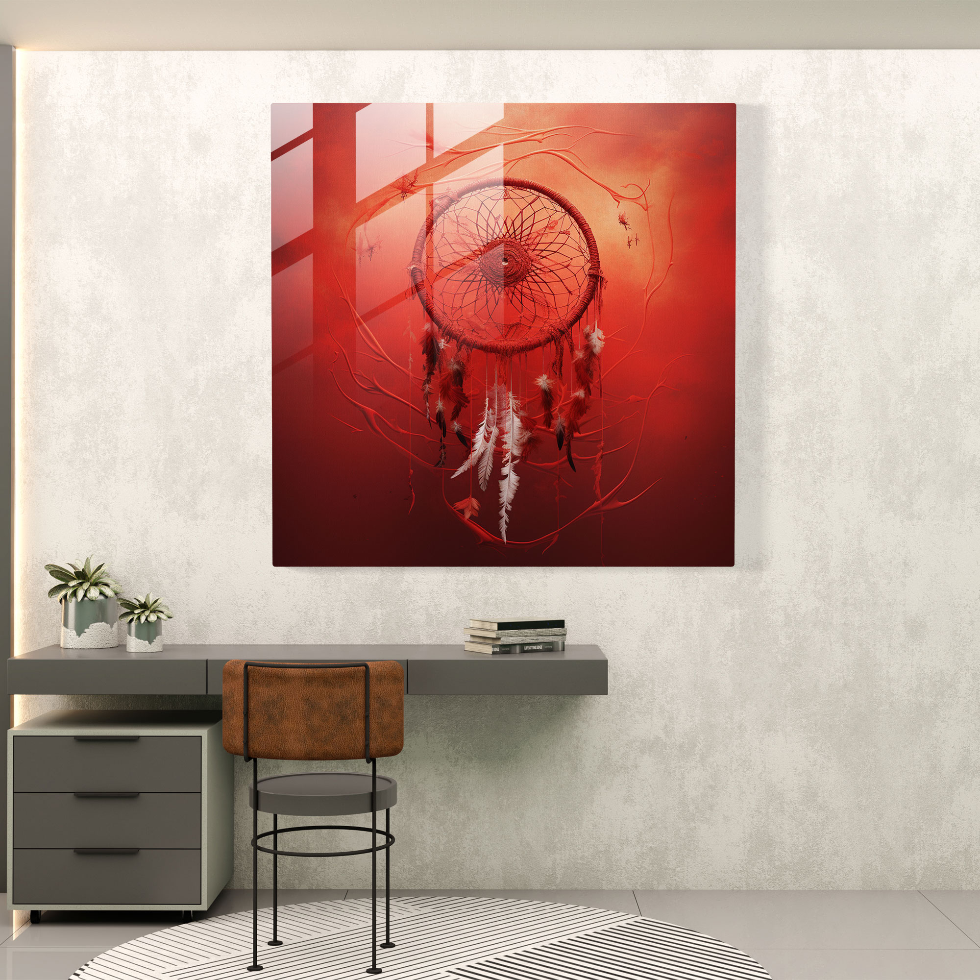 Red Indian Glass Print - Ethereal Dreamcatcher - Red Indian, Home Decoration, Portrayal, Soft Red Background
