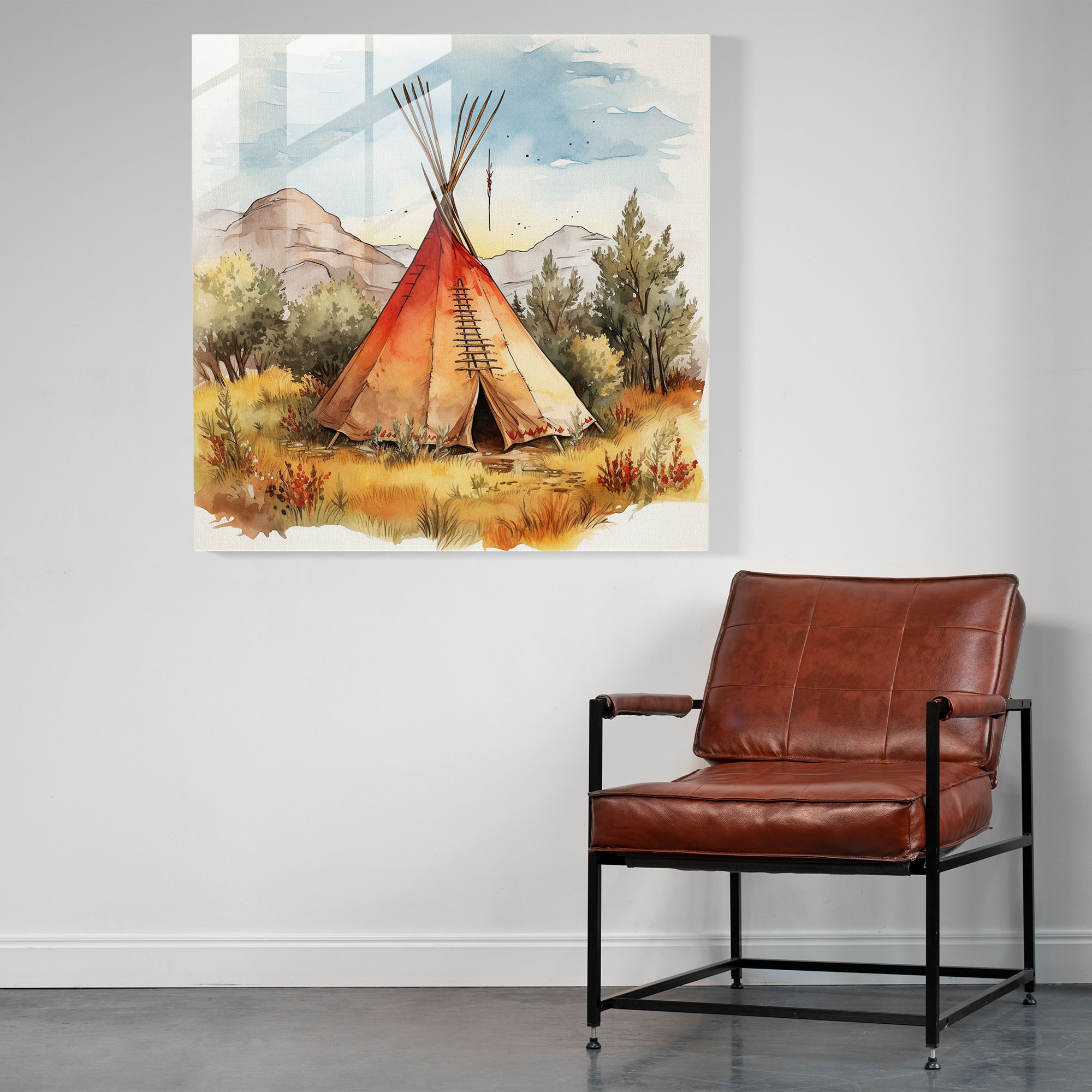 Red Indian Teepee Glass Print - Red Indian, Glass Print, Watercolor, Wall Decoration