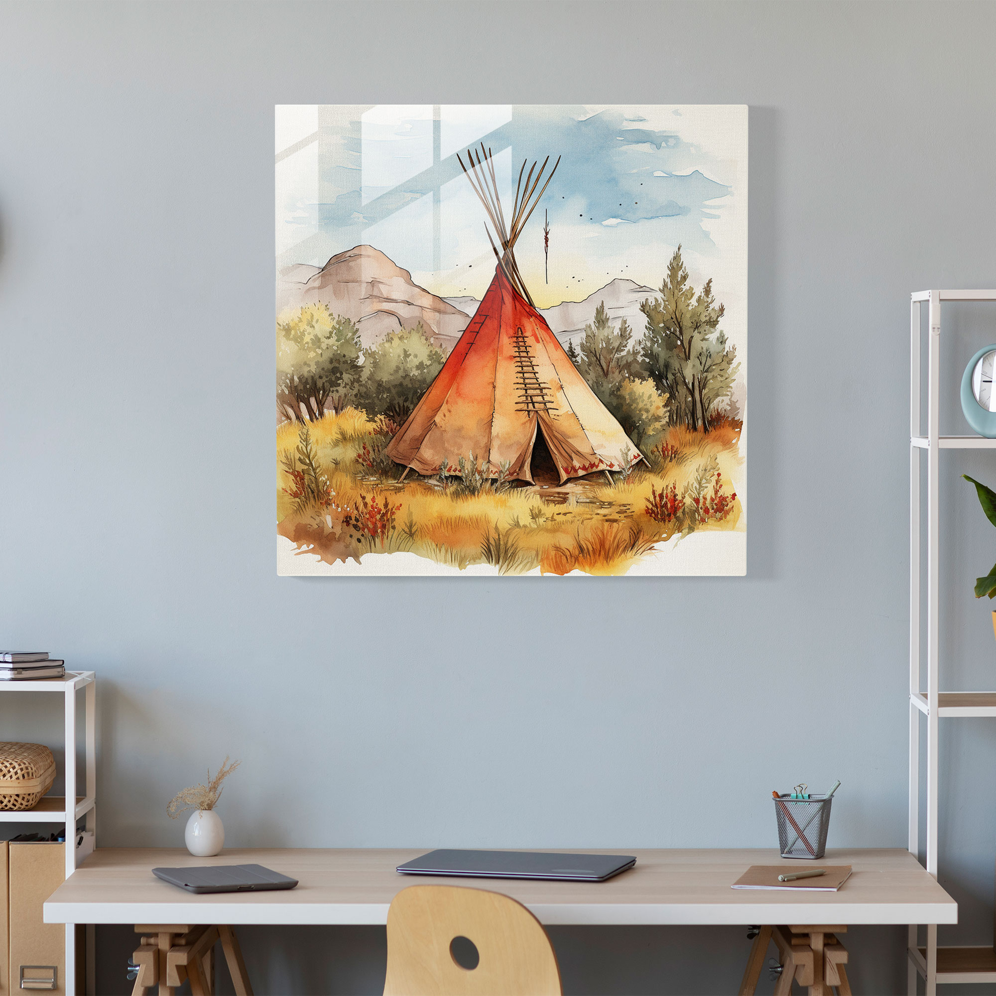 Red Indian Teepee Glass Print - Red Indian, Glass Print, Watercolor, Wall Decoration