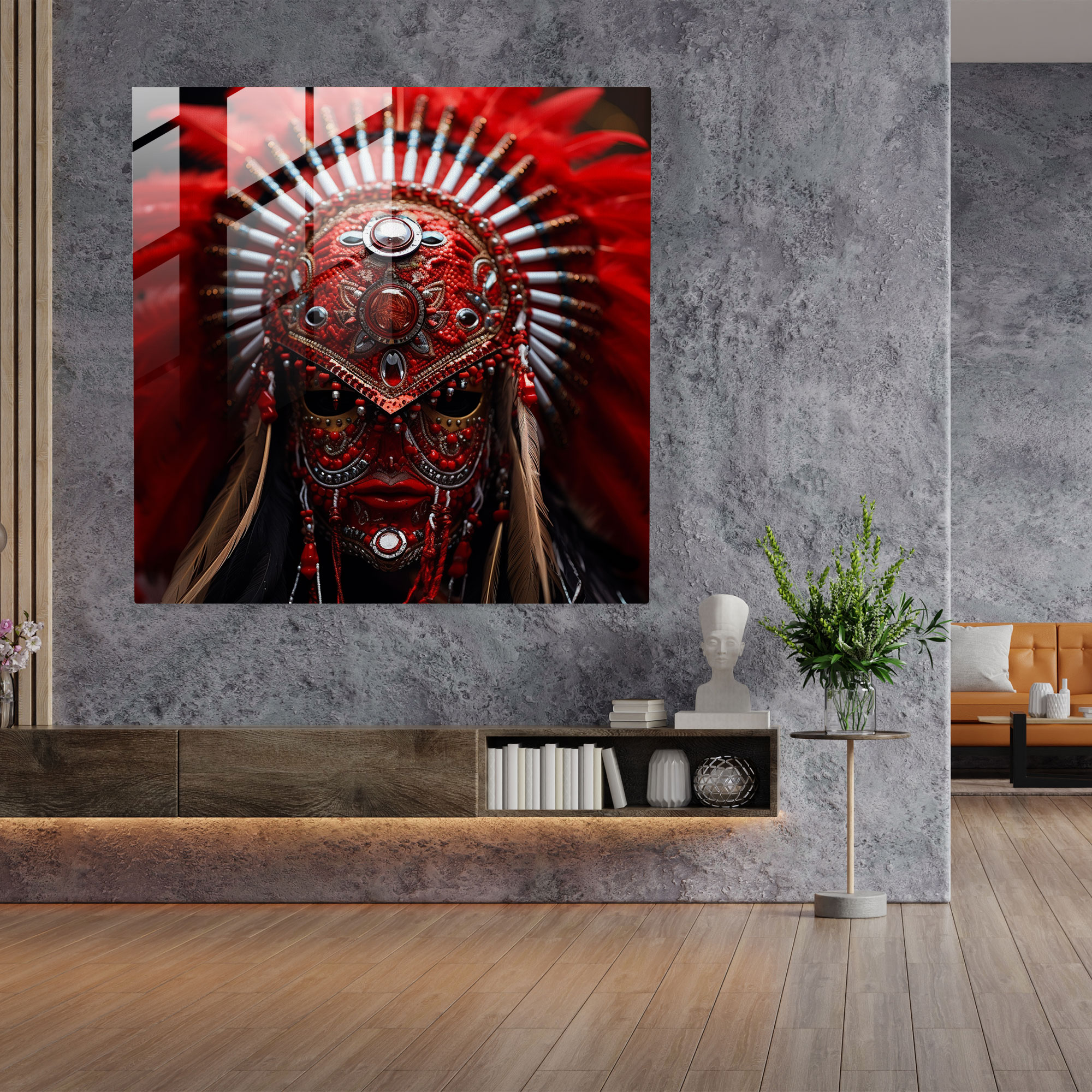 Kırmızı Kızılderili Tacı Cam Tablo - Kızılderili Boncuk İşlemeli Modern Sanat Tacı