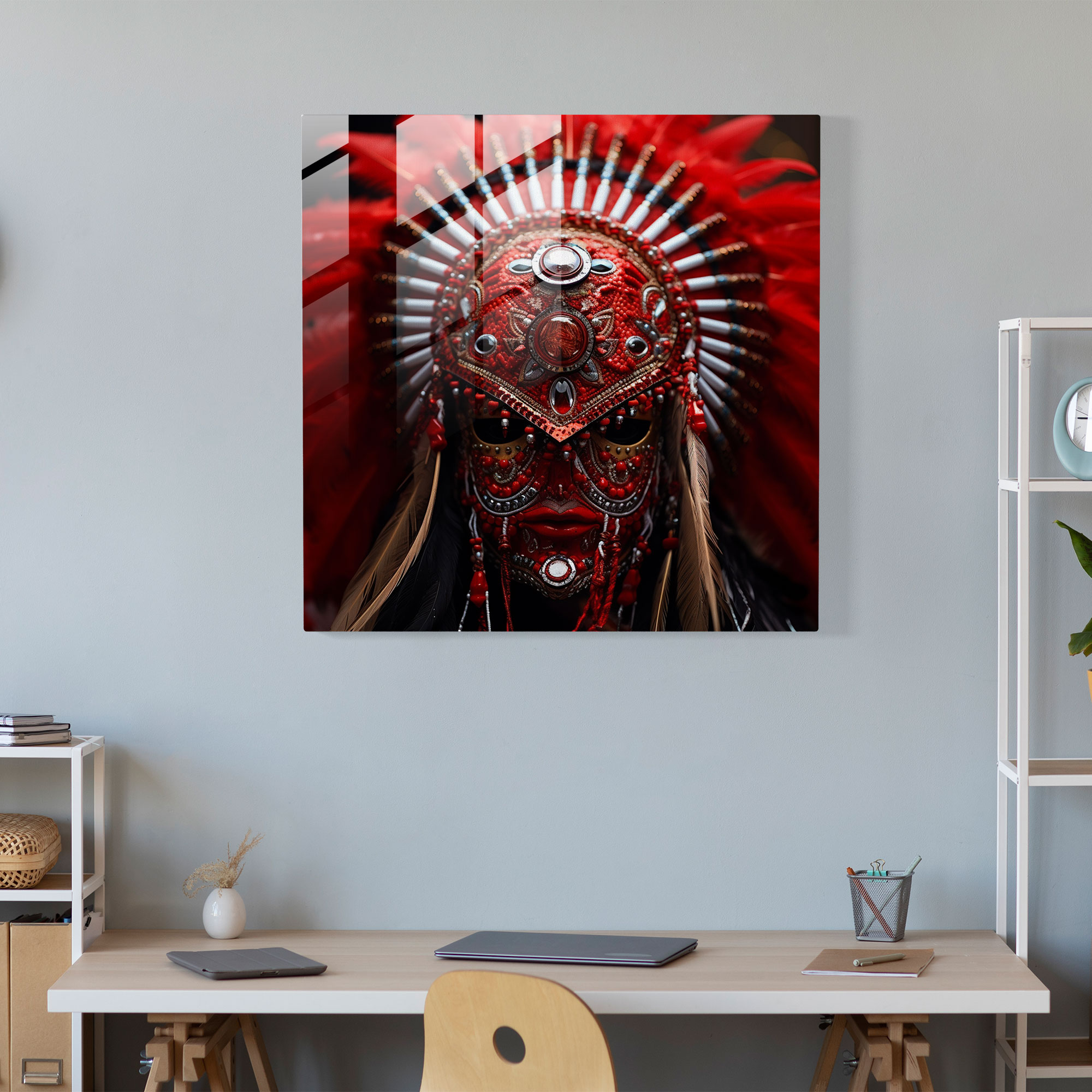 Kırmızı Kızılderili Tacı Cam Tablo - Kızılderili Boncuk İşlemeli Modern Sanat Tacı