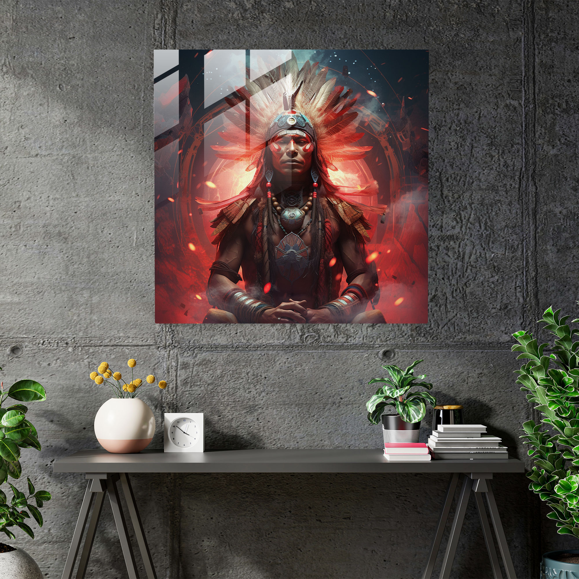 Red Indian Shaman Glass Print - Red Indian, Glass Art, Red Indian, Glass Wall Art