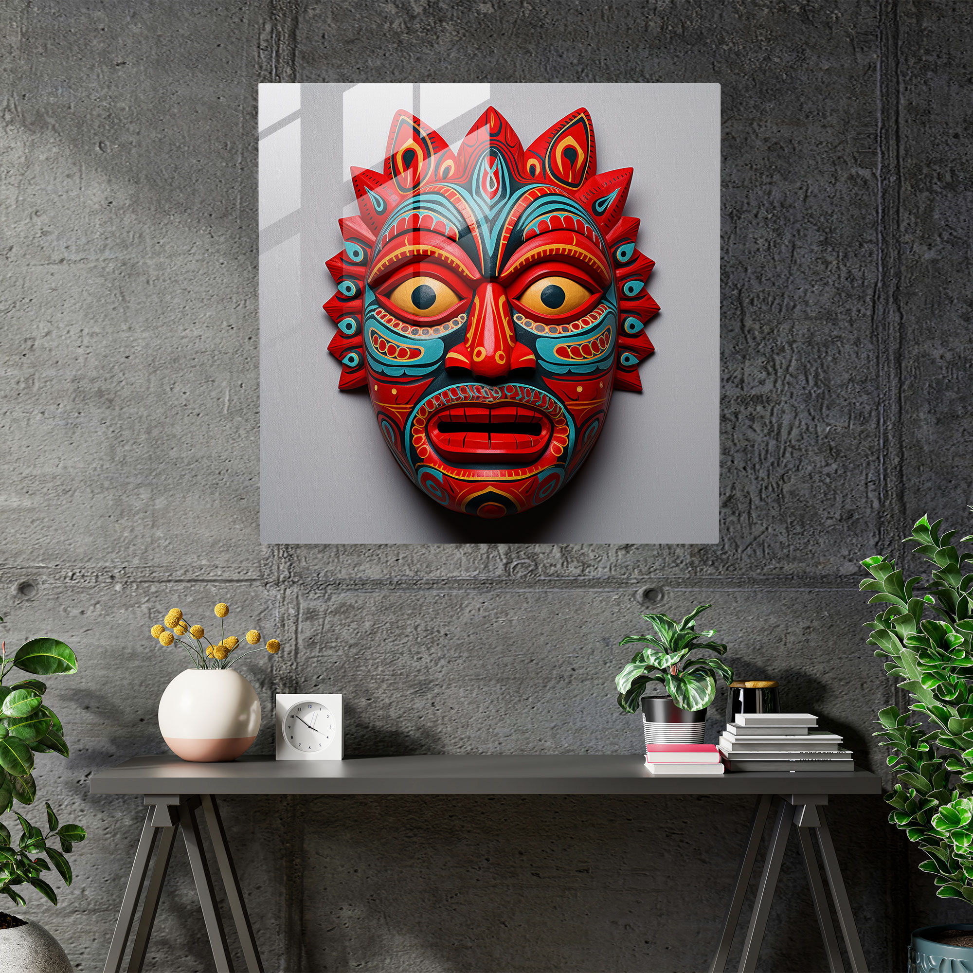 Red Indian Tribal Mask Glass Print - Red Indian, Native American, Wall Decoration, Glass Wall Art