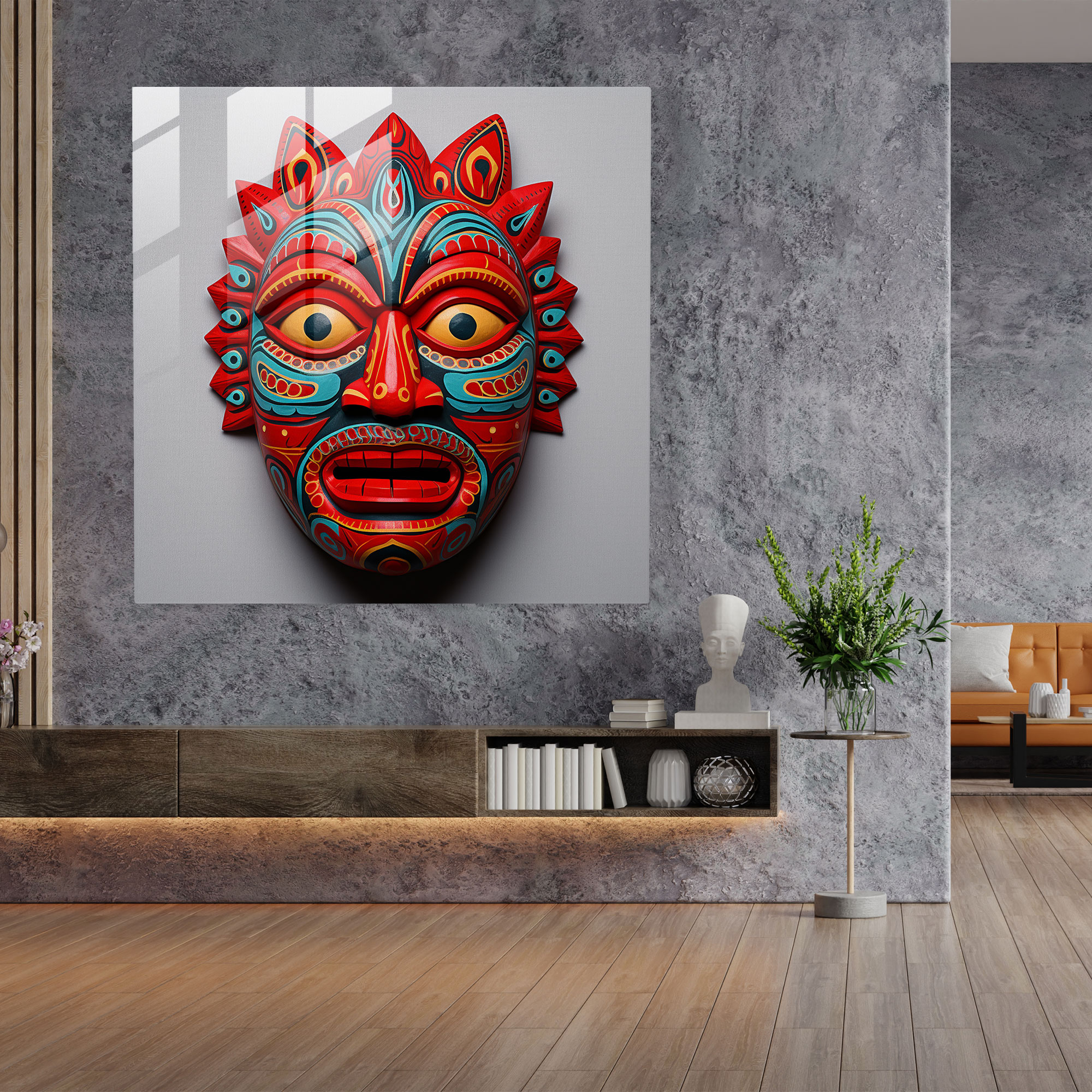 Red Indian Tribal Mask Glass Print - Red Indian, Native American, Wall Decoration, Glass Wall Art