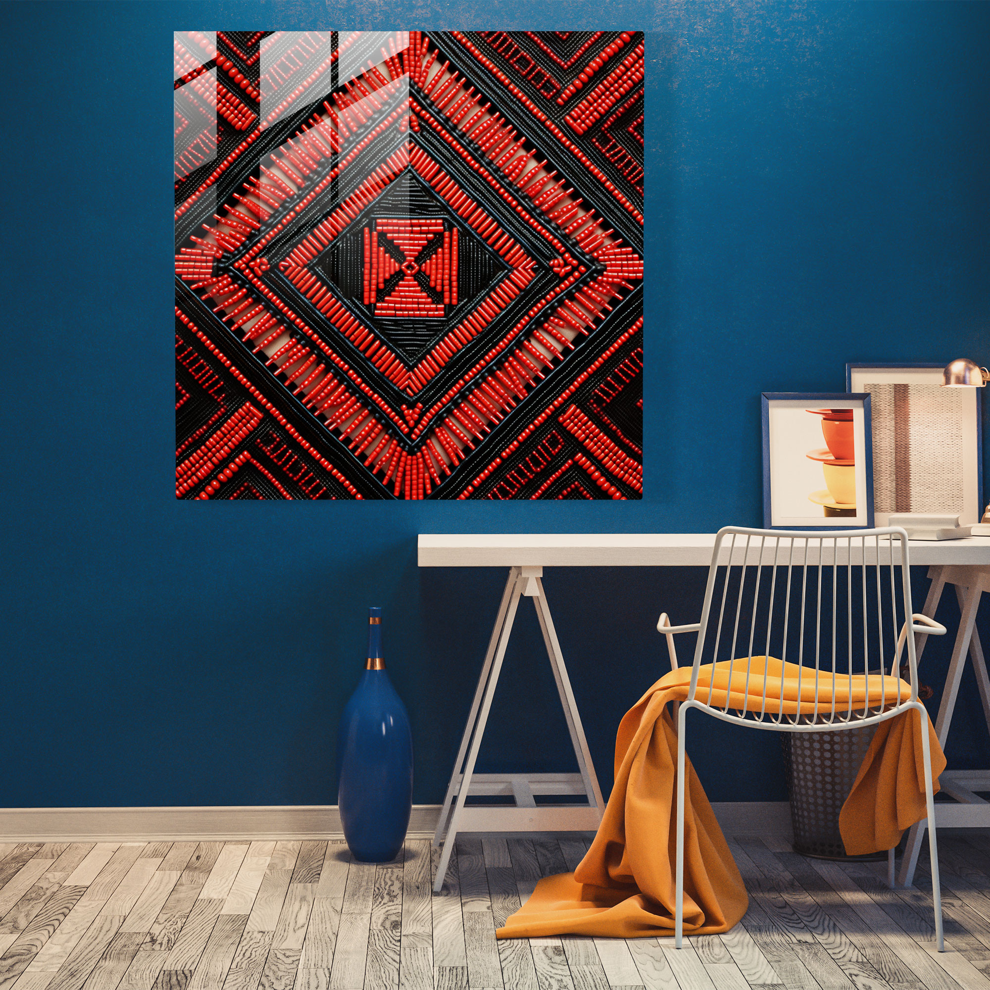 Red Indian Beadwork Inspired Glass Print - Red Indian, Glass Wall Art, Red Indian, Geometric Design