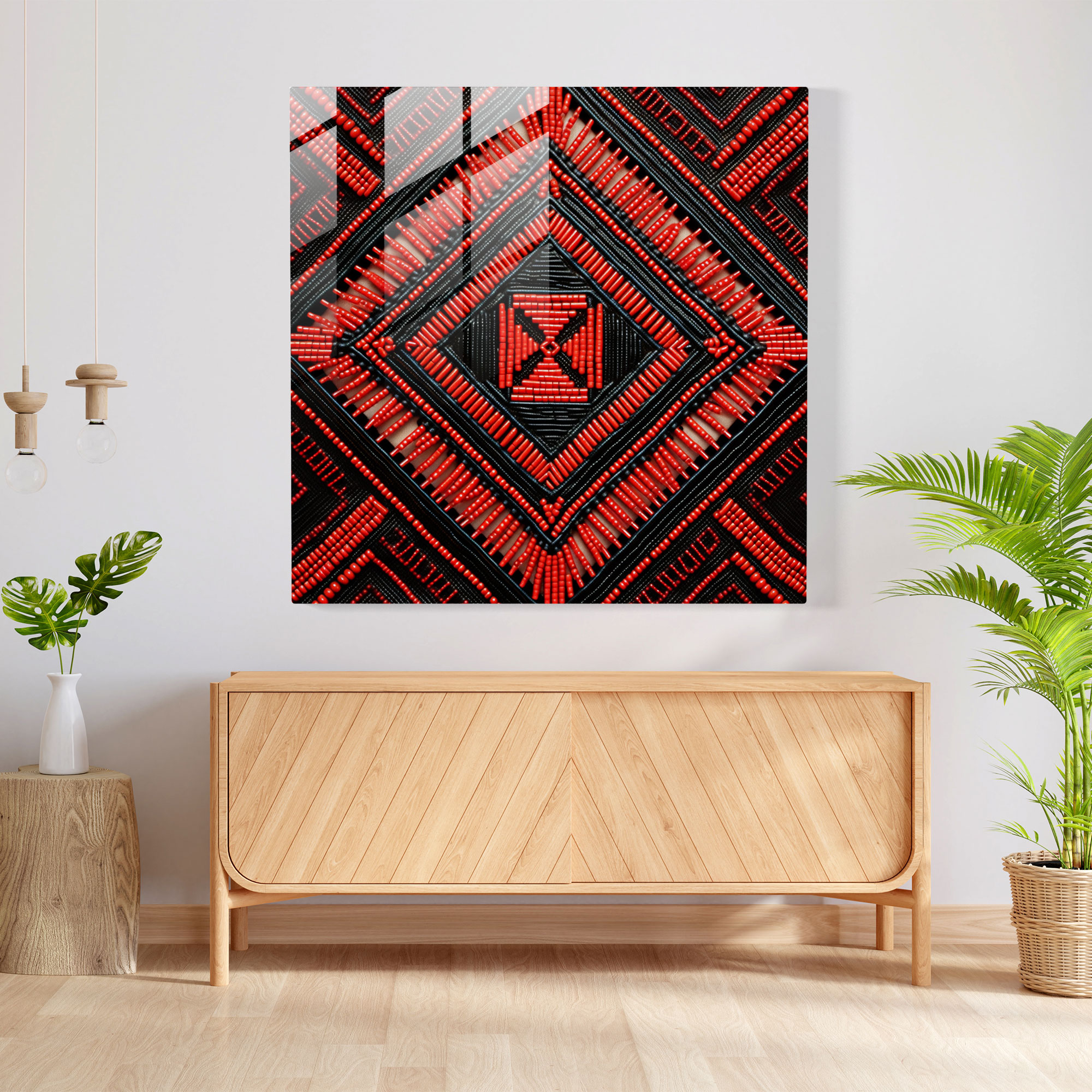 Red Indian Beadwork Inspired Glass Print - Red Indian, Glass Wall Art, Red Indian, Geometric Design