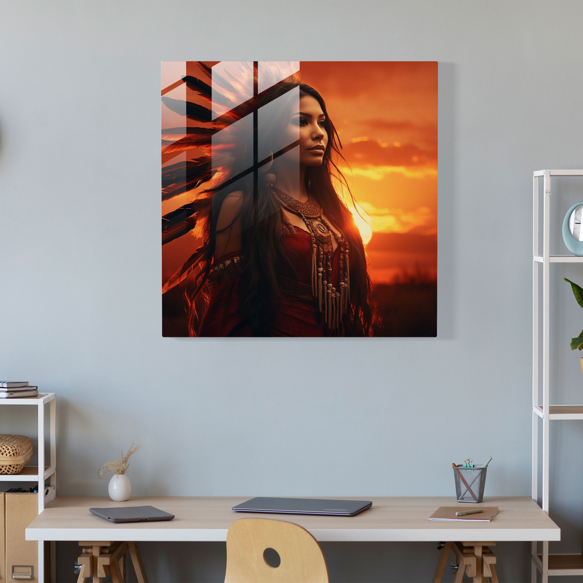 Red Indian Sunset Glass Print - Red Indian, Modern Art, Feathers, Home Decoration