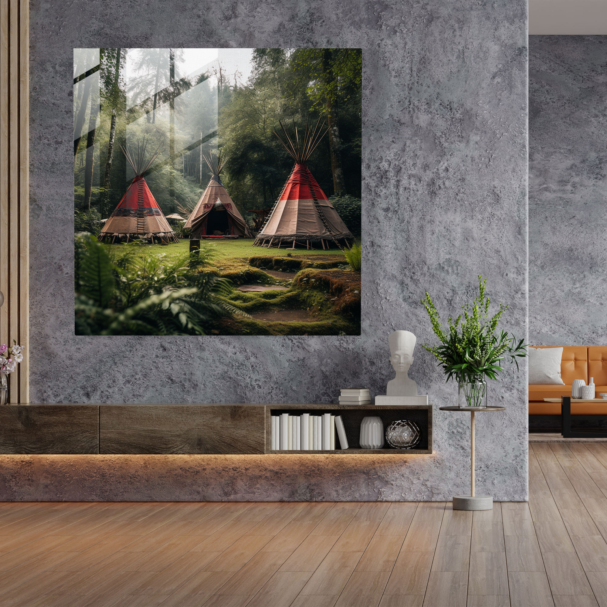 Red Indian Teepees Glass Print - Red Indian, Teepees, Modern Art, Red Indian