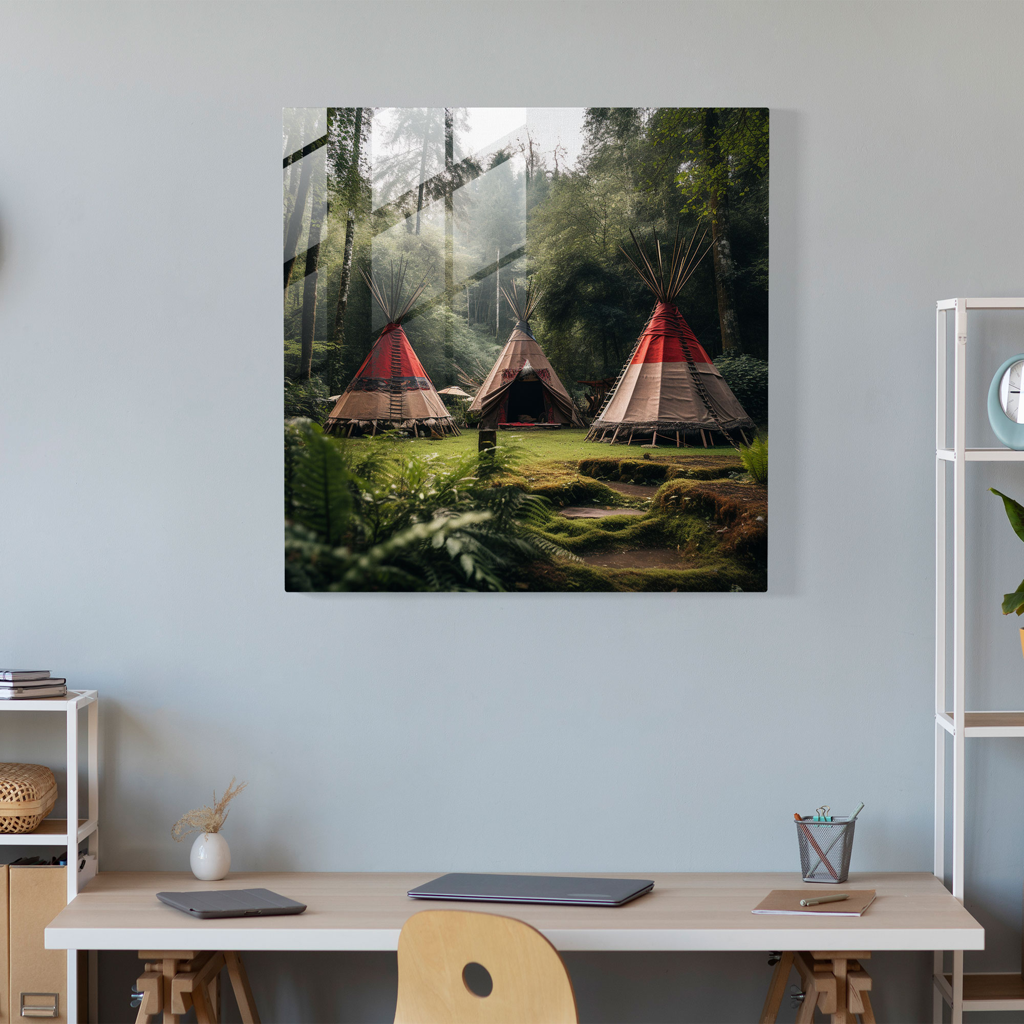 Red Indian Teepees Glass Print - Red Indian, Teepees, Modern Art, Red Indian