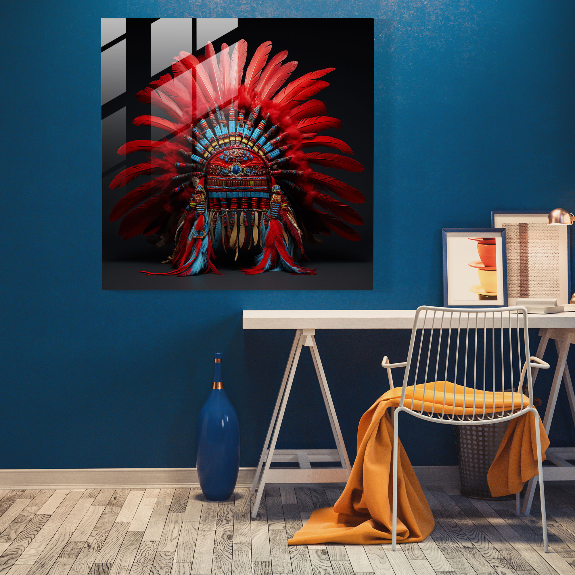 Red Indian Headdress Glass Print - Red Indian, Wall Decoration, Red Indian, Pride