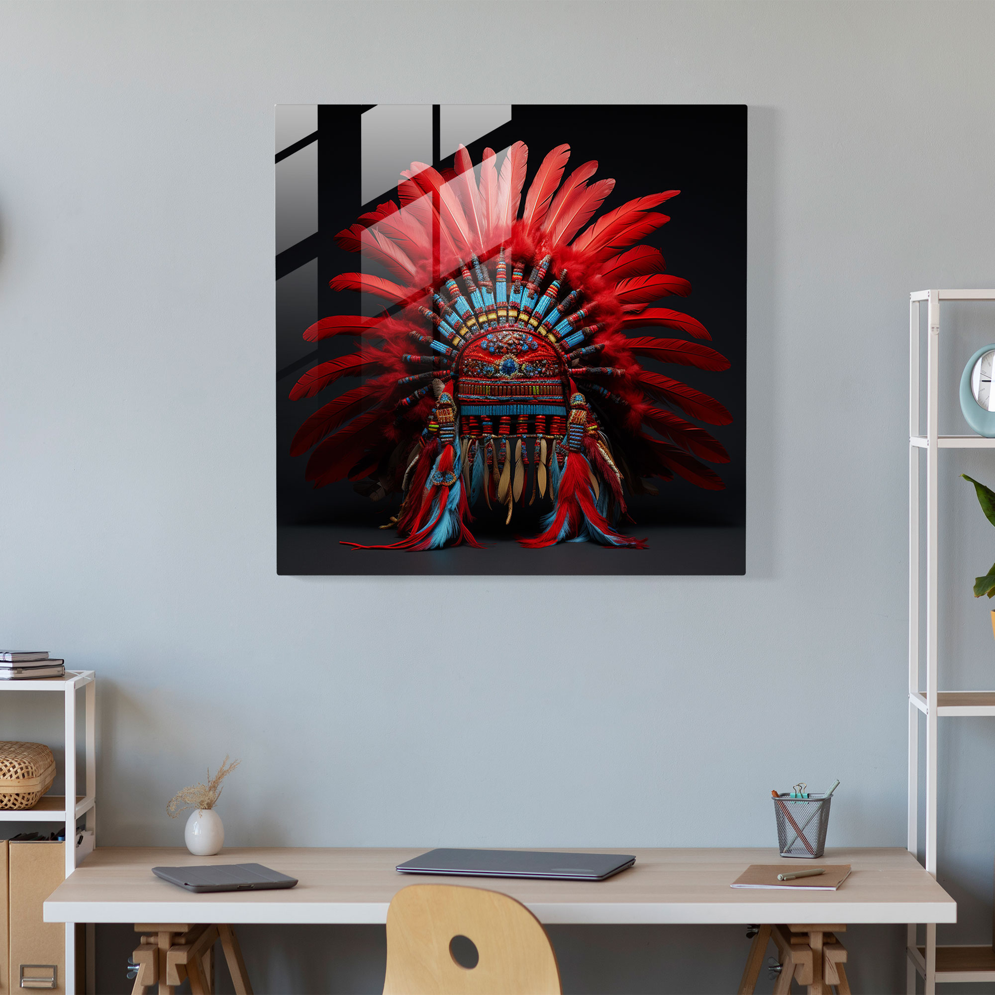 Red Indian Headdress Glass Print - Red Indian, Wall Decoration, Red Indian, Pride
