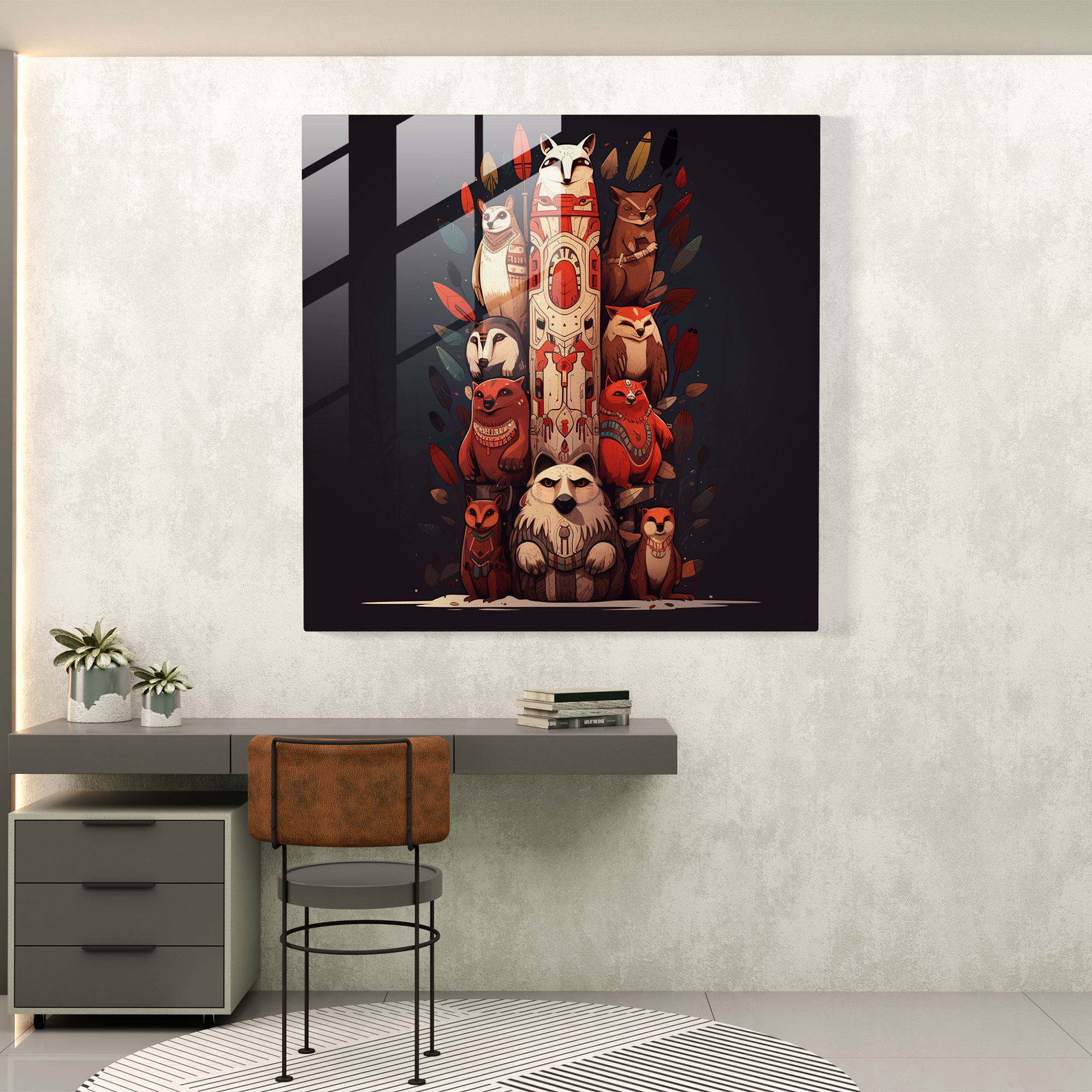 Red Indian Totem Pole Glass Print - Red Indian, Animal Figures, Glass Print, Glass Art