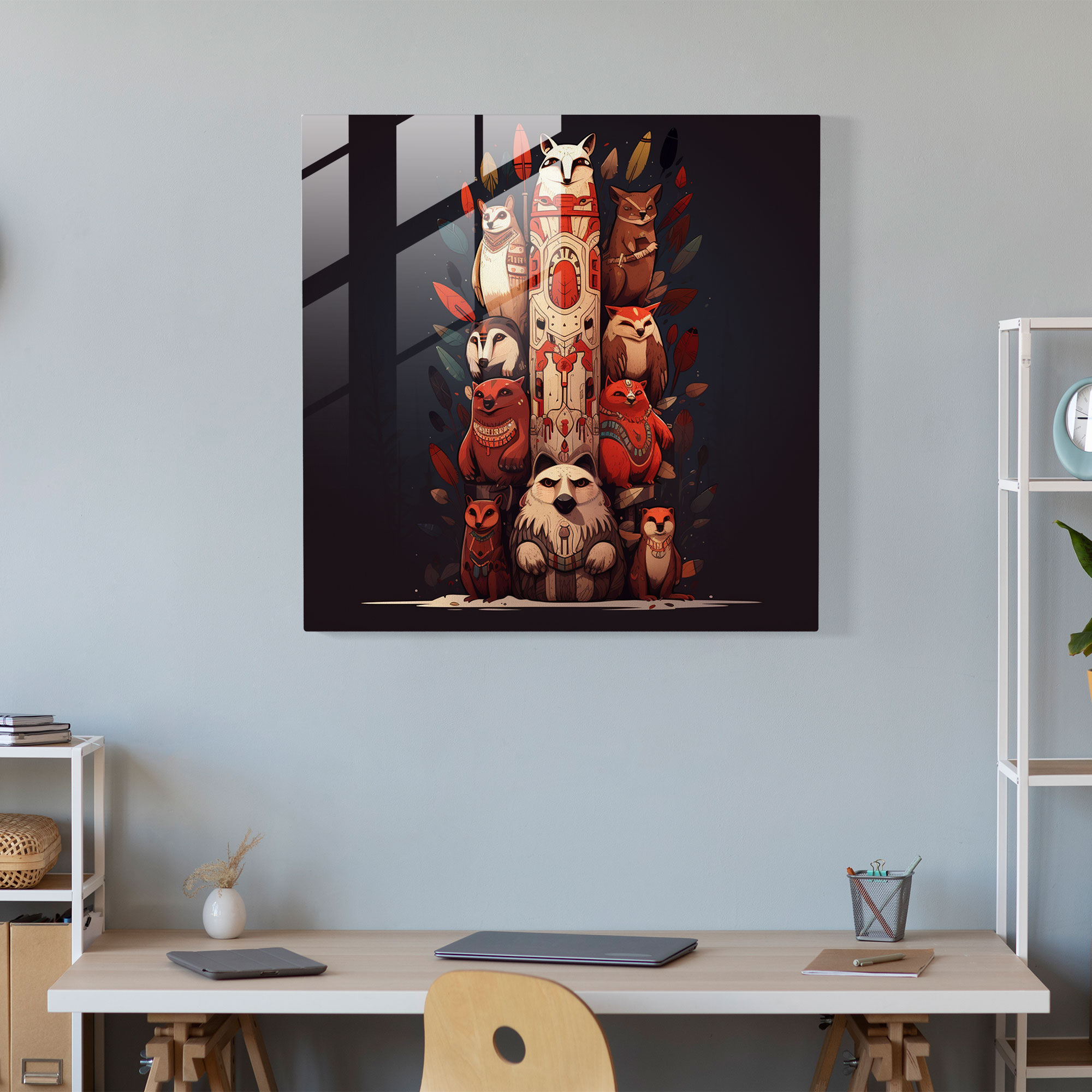 Red Indian Totem Pole Glass Print - Red Indian, Animal Figures, Glass Print, Glass Art