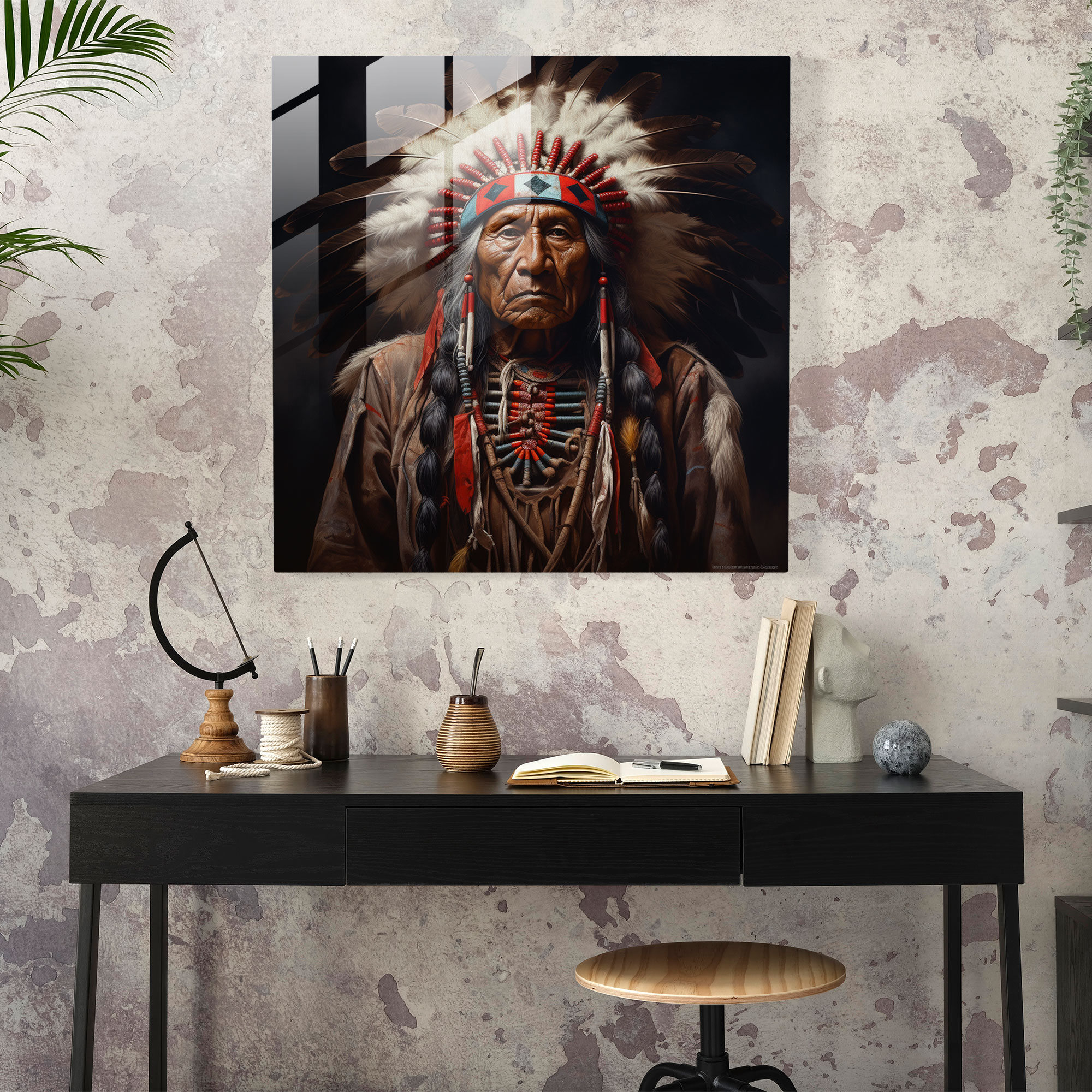 Red Indian Feathers Glass Print - Red Indian, Feathers, Home Decoration, Red Indian