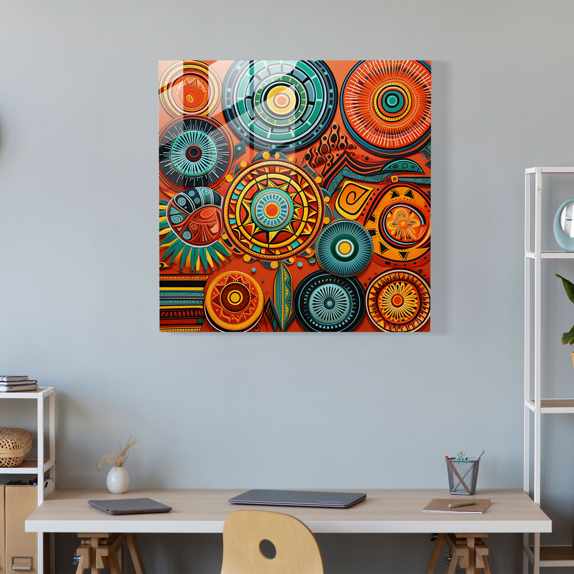 Kızılderili Figürlü Cam Tablo - Modern Sanat Kızılderili Kültürü Geometrik Desenler