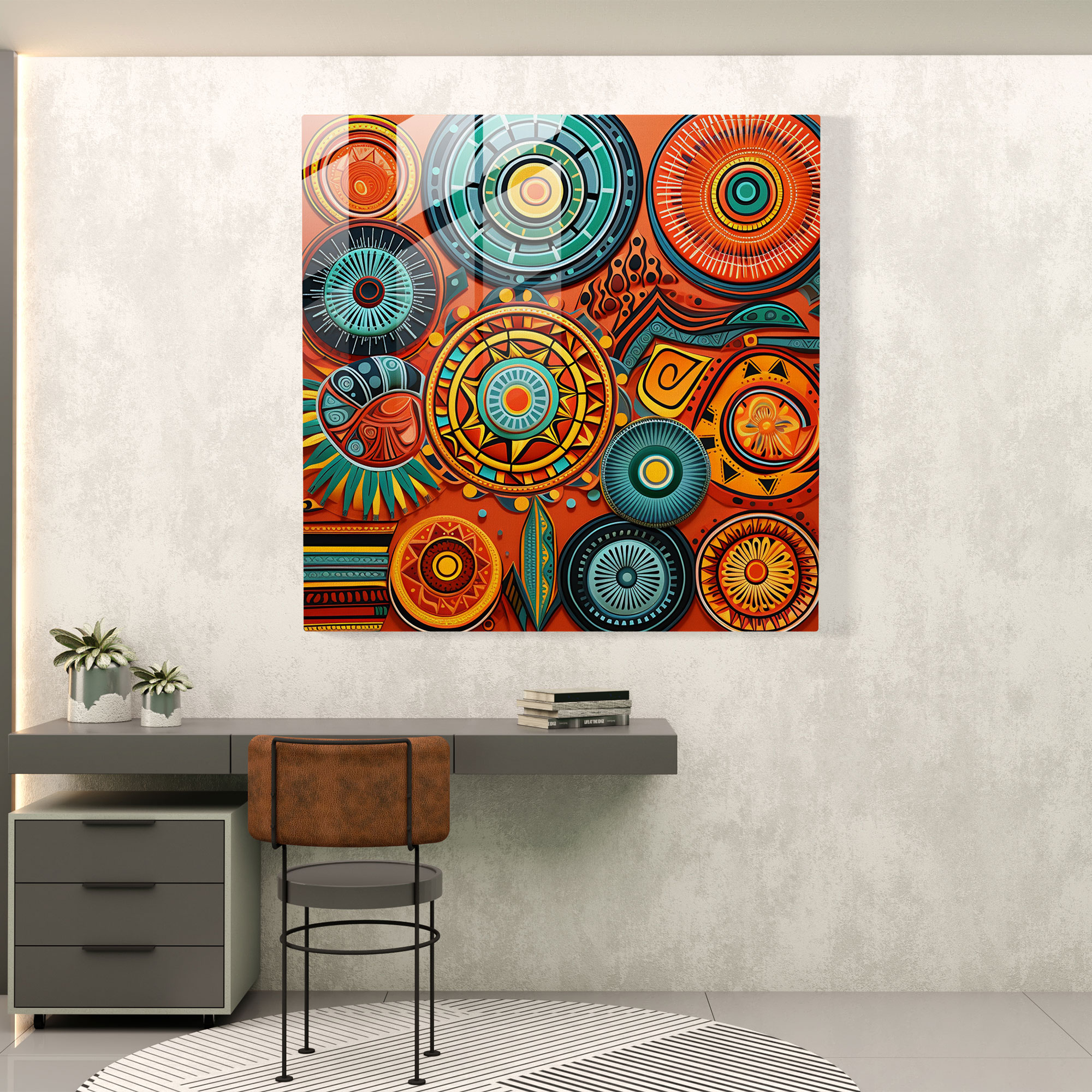 Kızılderili Figürlü Cam Tablo - Modern Sanat Kızılderili Kültürü Geometrik Desenler