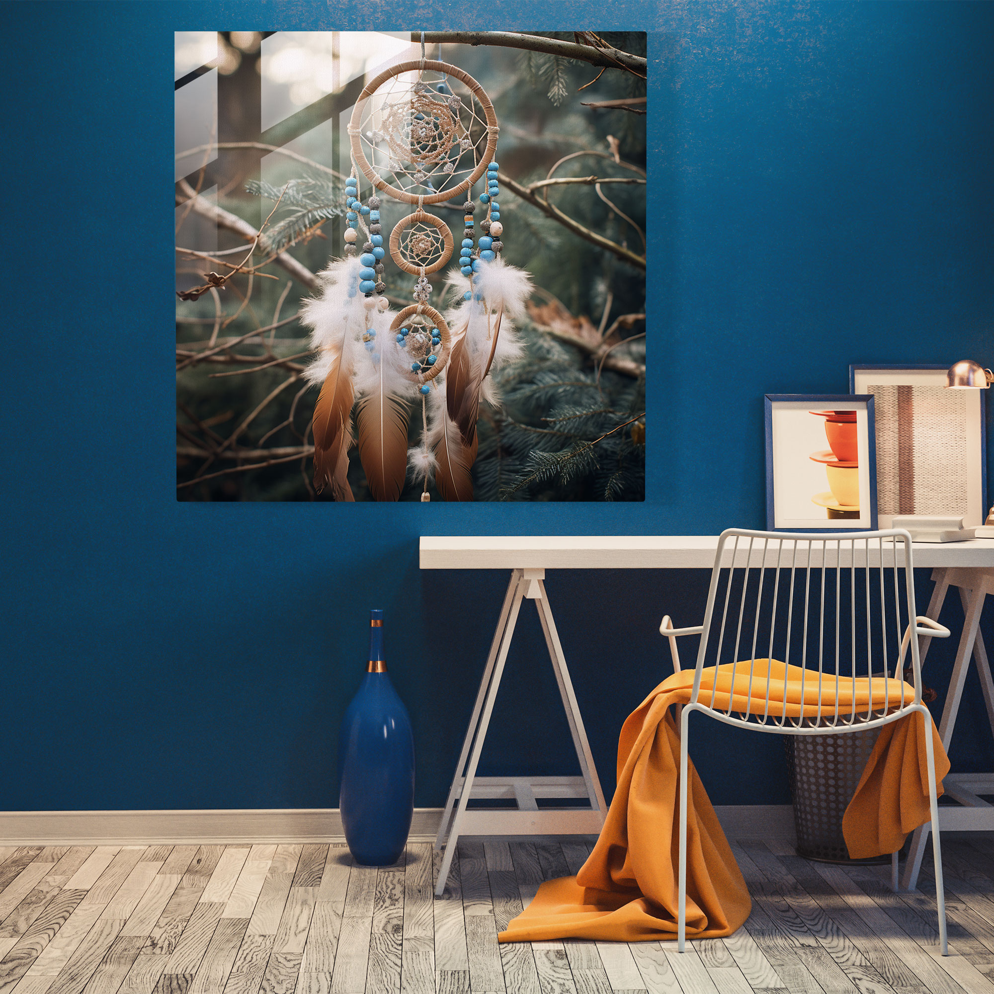 Kırmızı Kızılderili Dreamcatcher Cam Tablo - Kızılderili Dreamcatcher Modern Sanat