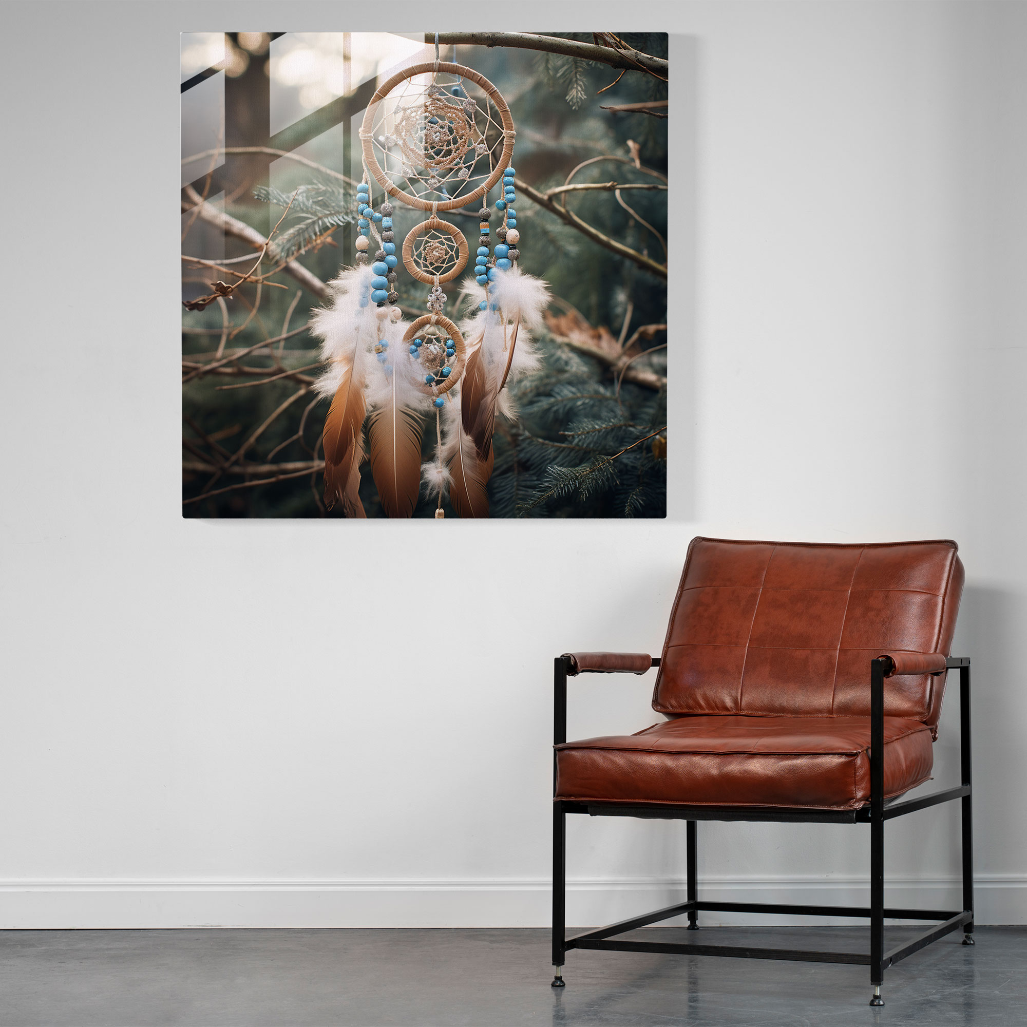 Kırmızı Kızılderili Dreamcatcher Cam Tablo - Kızılderili Dreamcatcher Modern Sanat