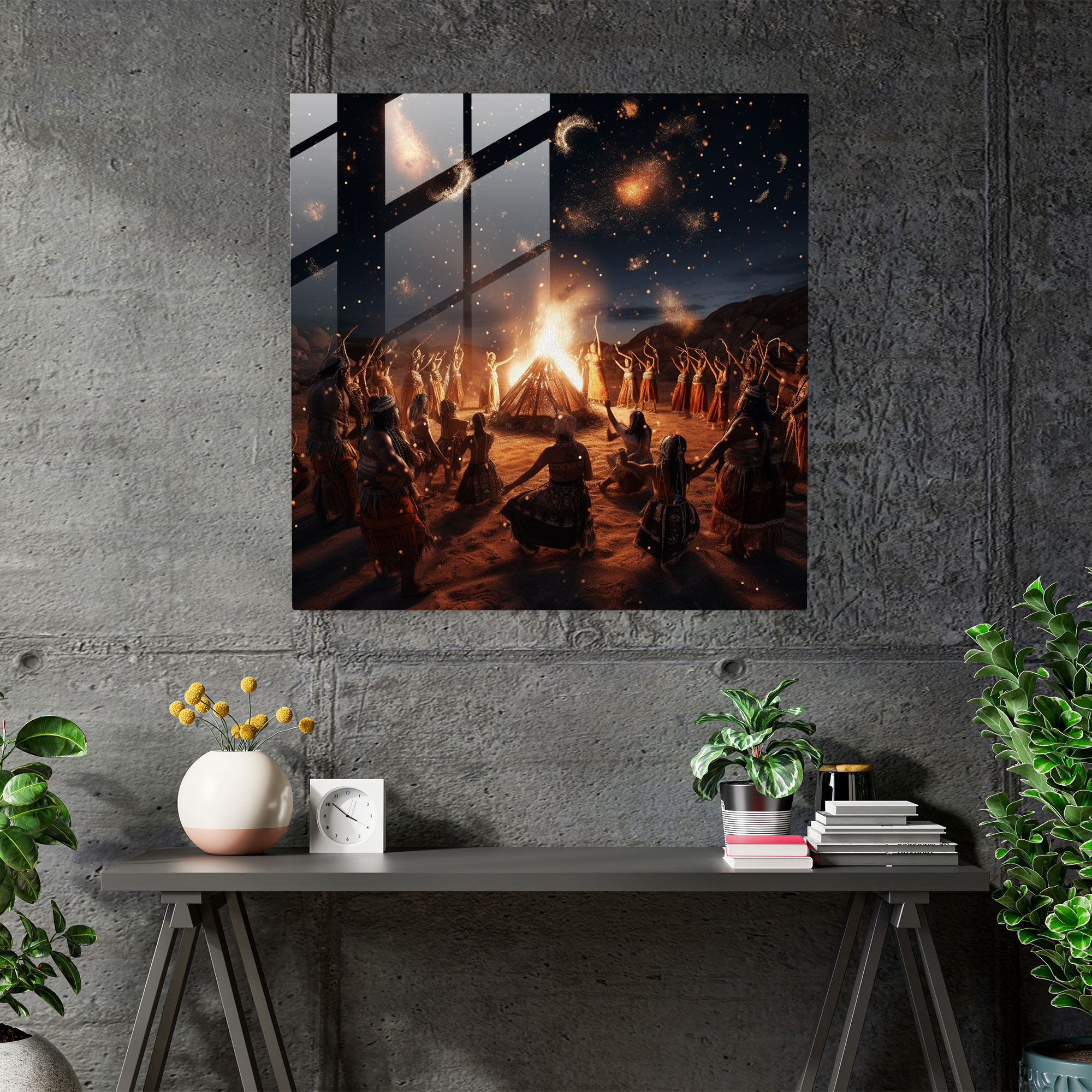 Red Indian Tribal Dance Glass Print - Red Indian, Bonfire, Home Decoration, Glass Art