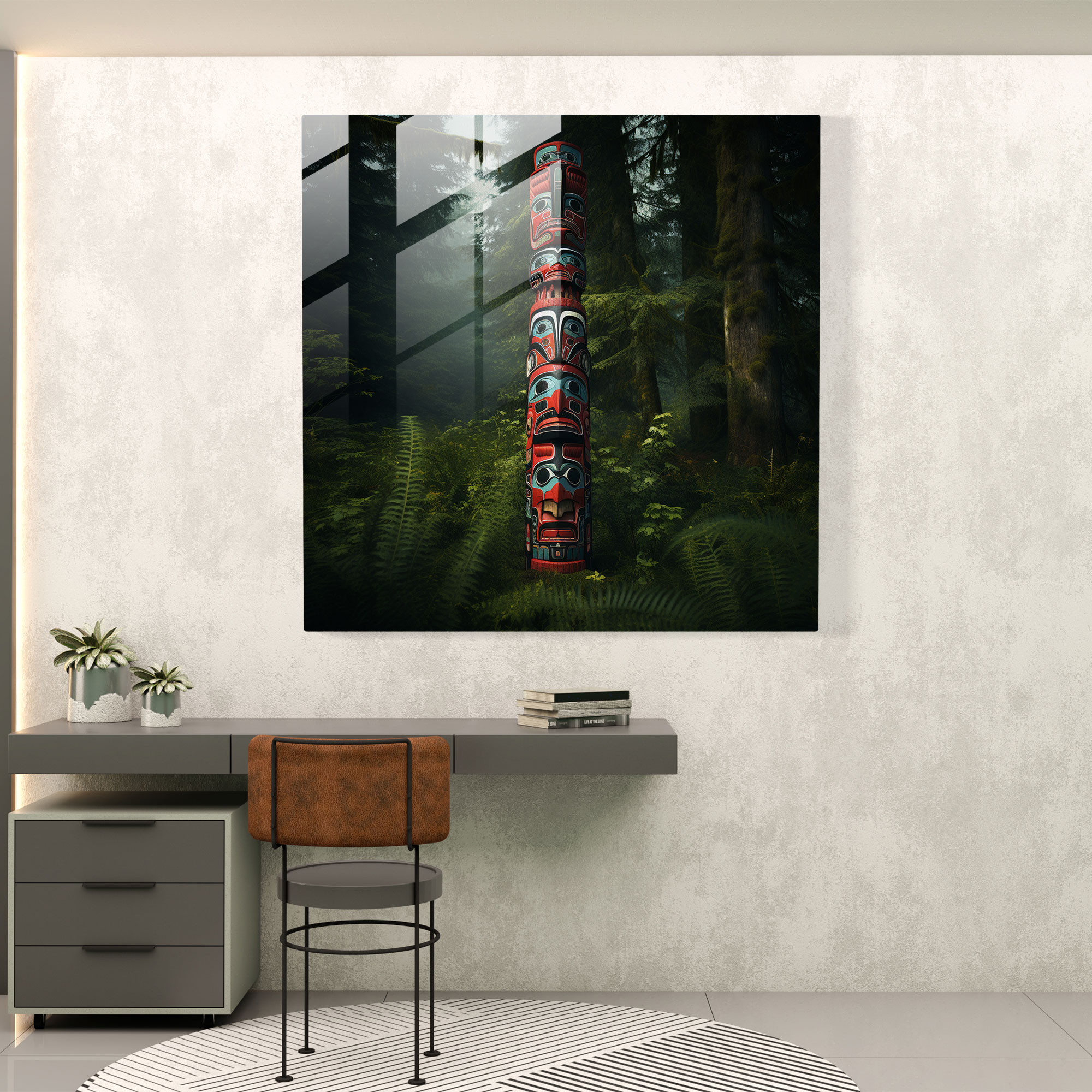 Red Indian Totem Pole Glass Print - Red Indian, Totem Pole, Glass Print, Modern Art