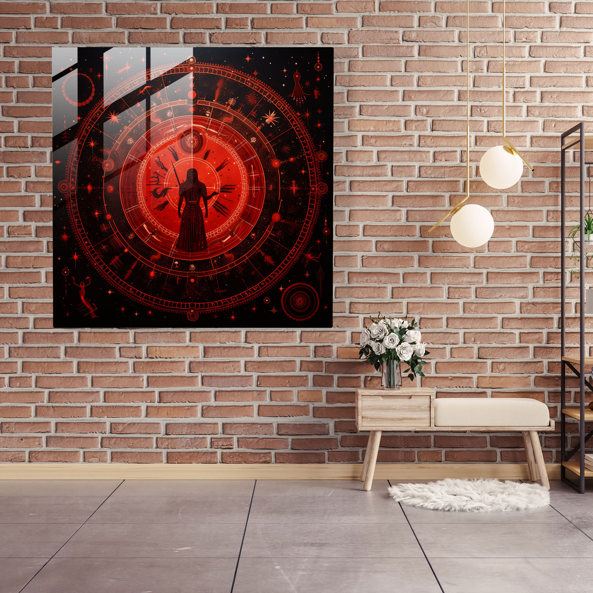 Red Indian Mystical Symbols Glass Print - Red Indian, Mystical Symbols, Modern Art, Glass Print