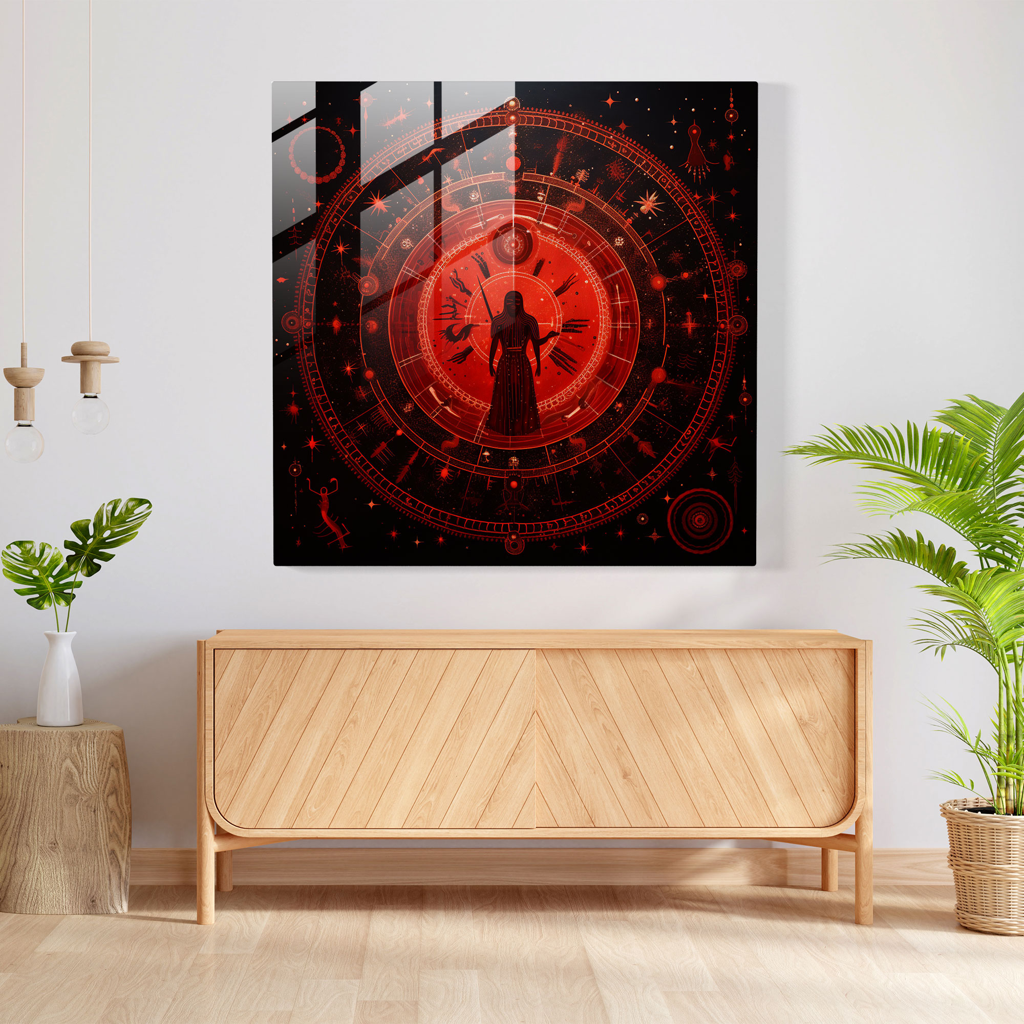 Red Indian Mystical Symbols Glass Print - Red Indian, Mystical Symbols, Modern Art, Glass Print