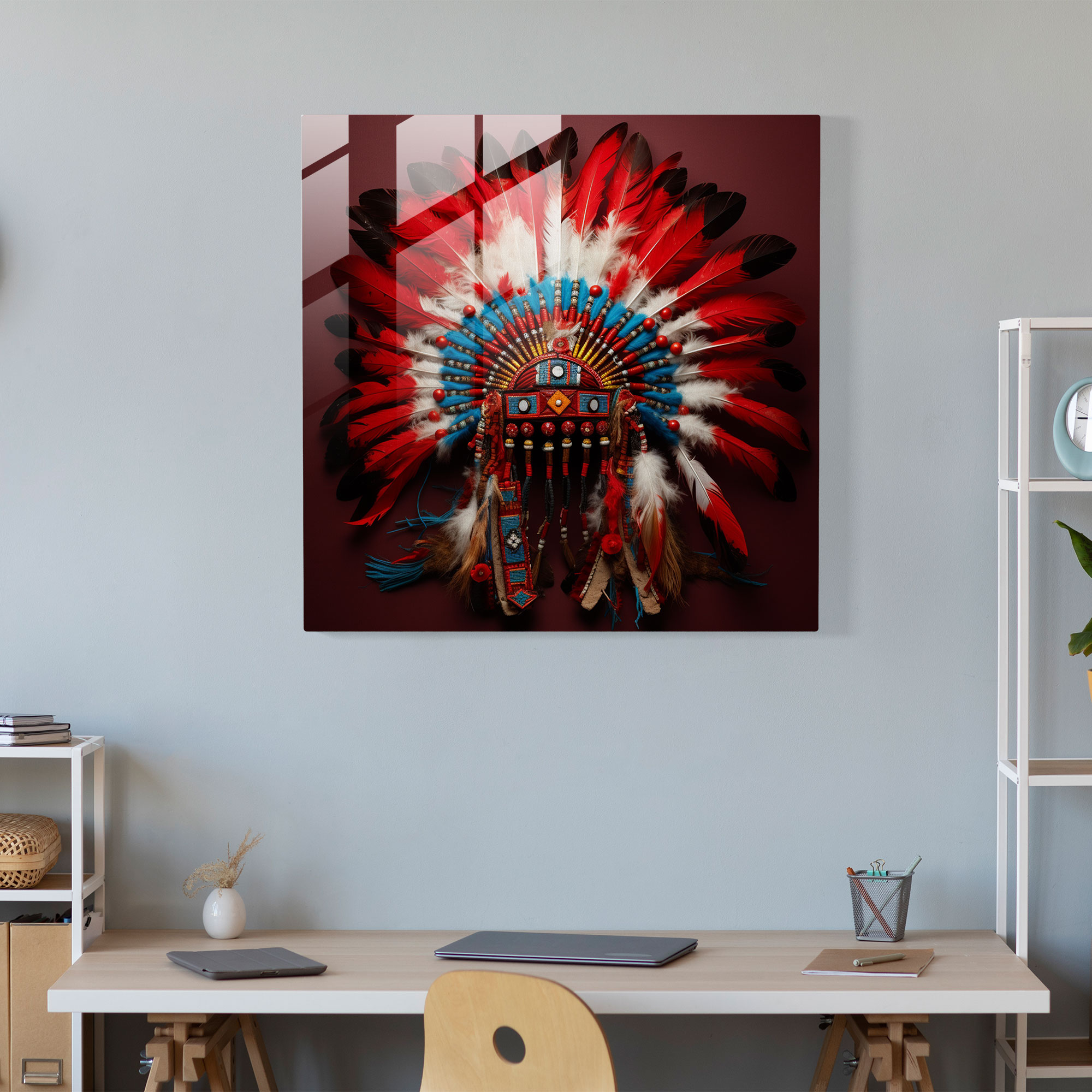 Red Indian Headdress Glass Print - Red Indian, Home Decoration, Glass Print, Glass Art