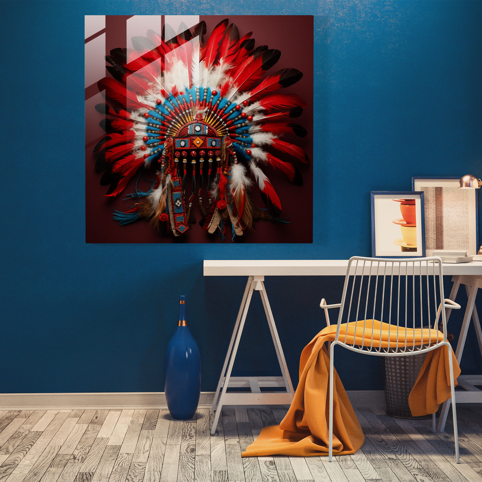 Red Indian Headdress Glass Print - Red Indian, Home Decoration, Glass Print, Glass Art