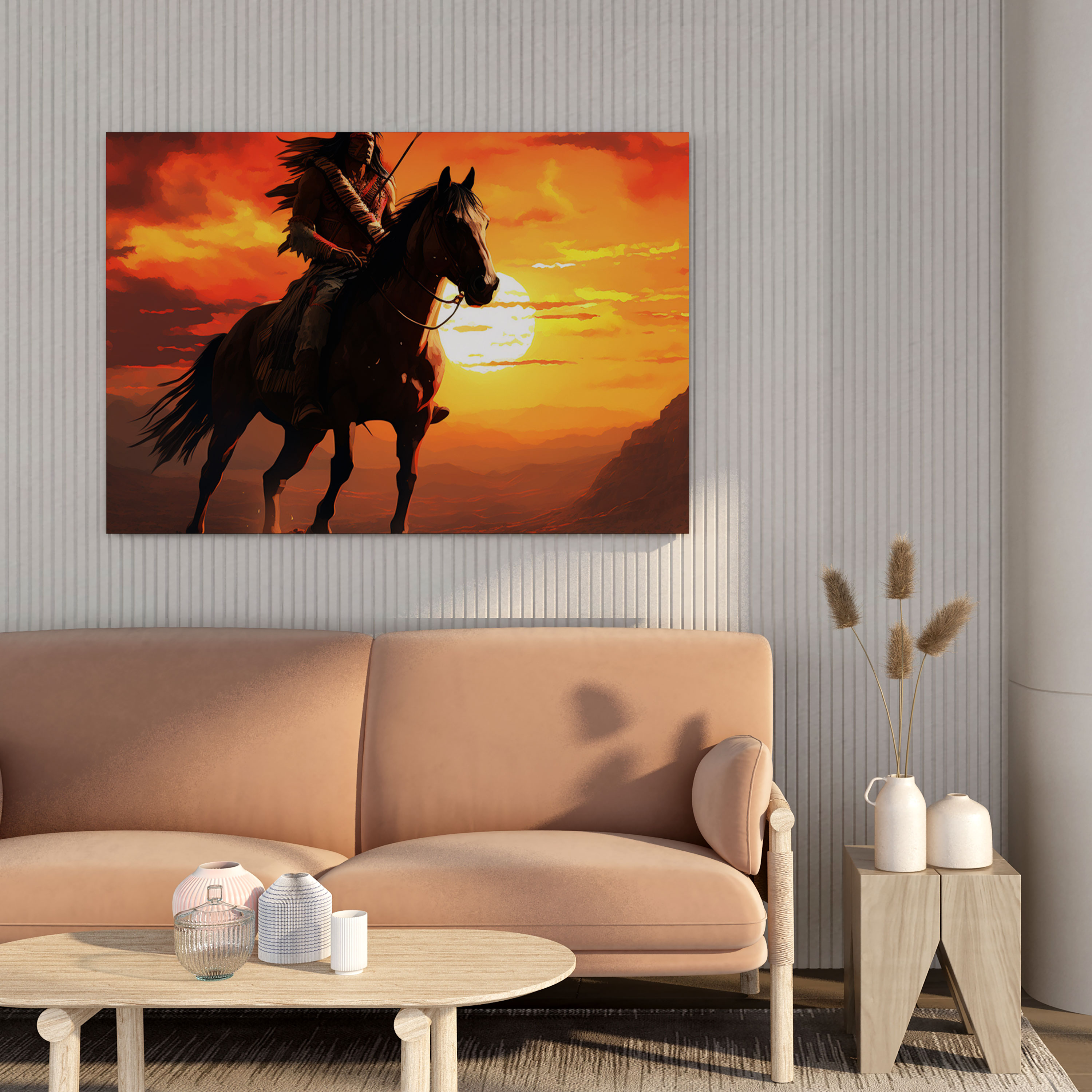 Red Indian Canvas Print - Native American Warrior Riding Horse Wall Art - Red Indian, Sunset Landscape, Canvas Print, Canvas Wall Art