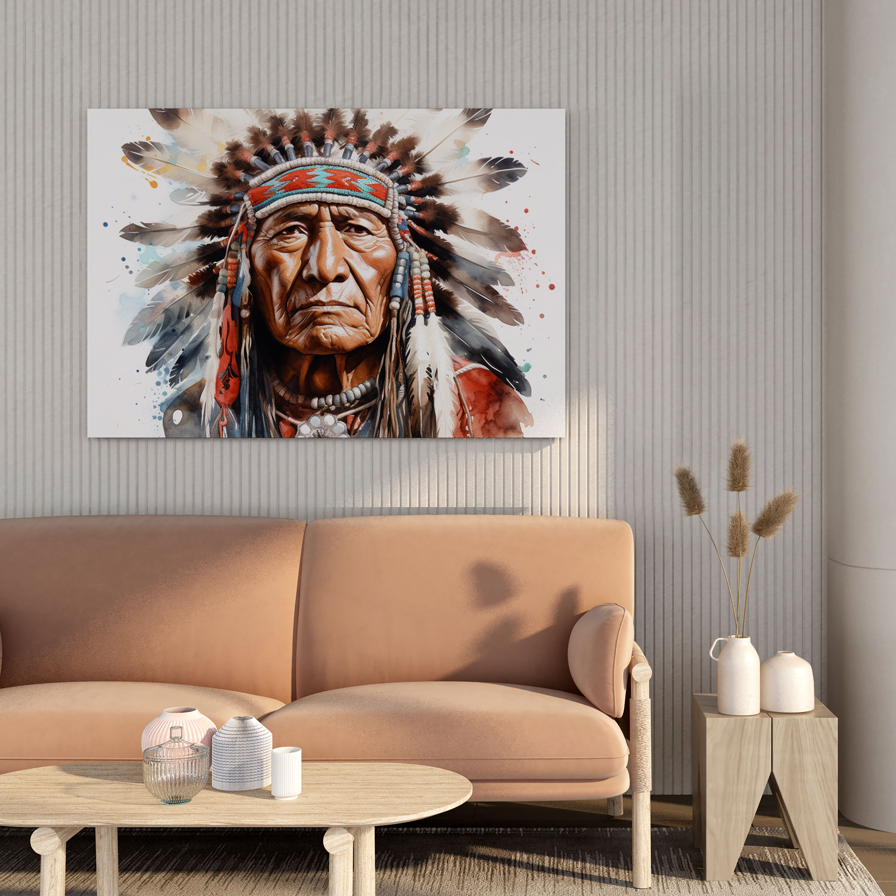 Red Indian Wall Decoration - Native American Chief Close-Up Canvas Print - Red Indian, Wall Art, Canvas Wall Art, Traditional Headdress