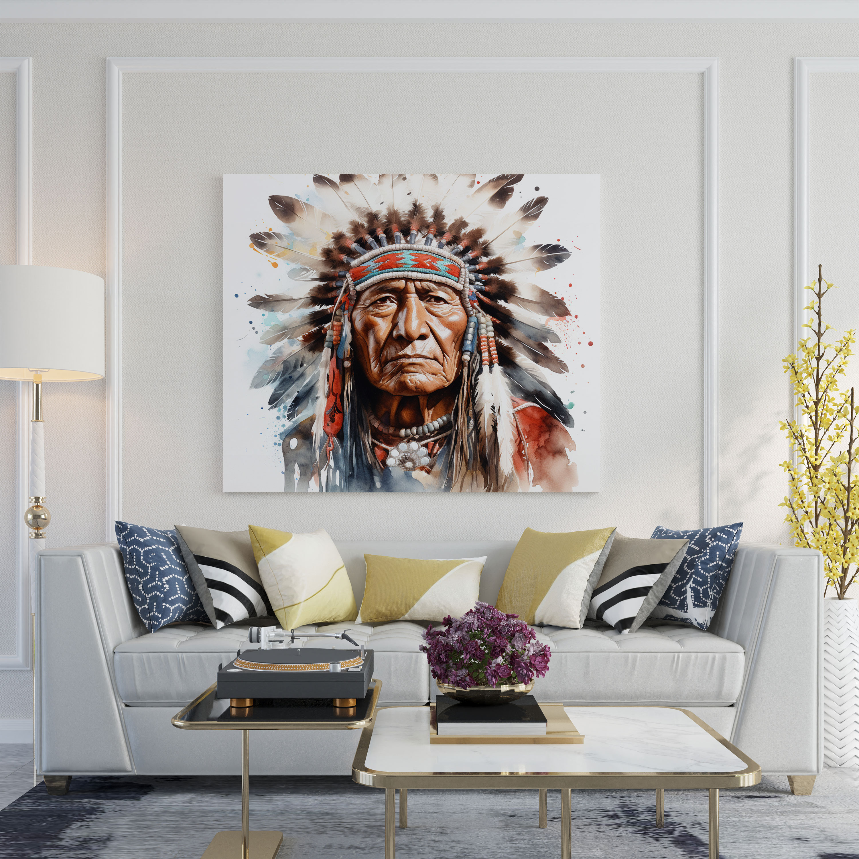 Red Indian Wall Decoration - Native American Chief Close-Up Canvas Print - Red Indian, Wall Art, Canvas Wall Art, Traditional Headdress