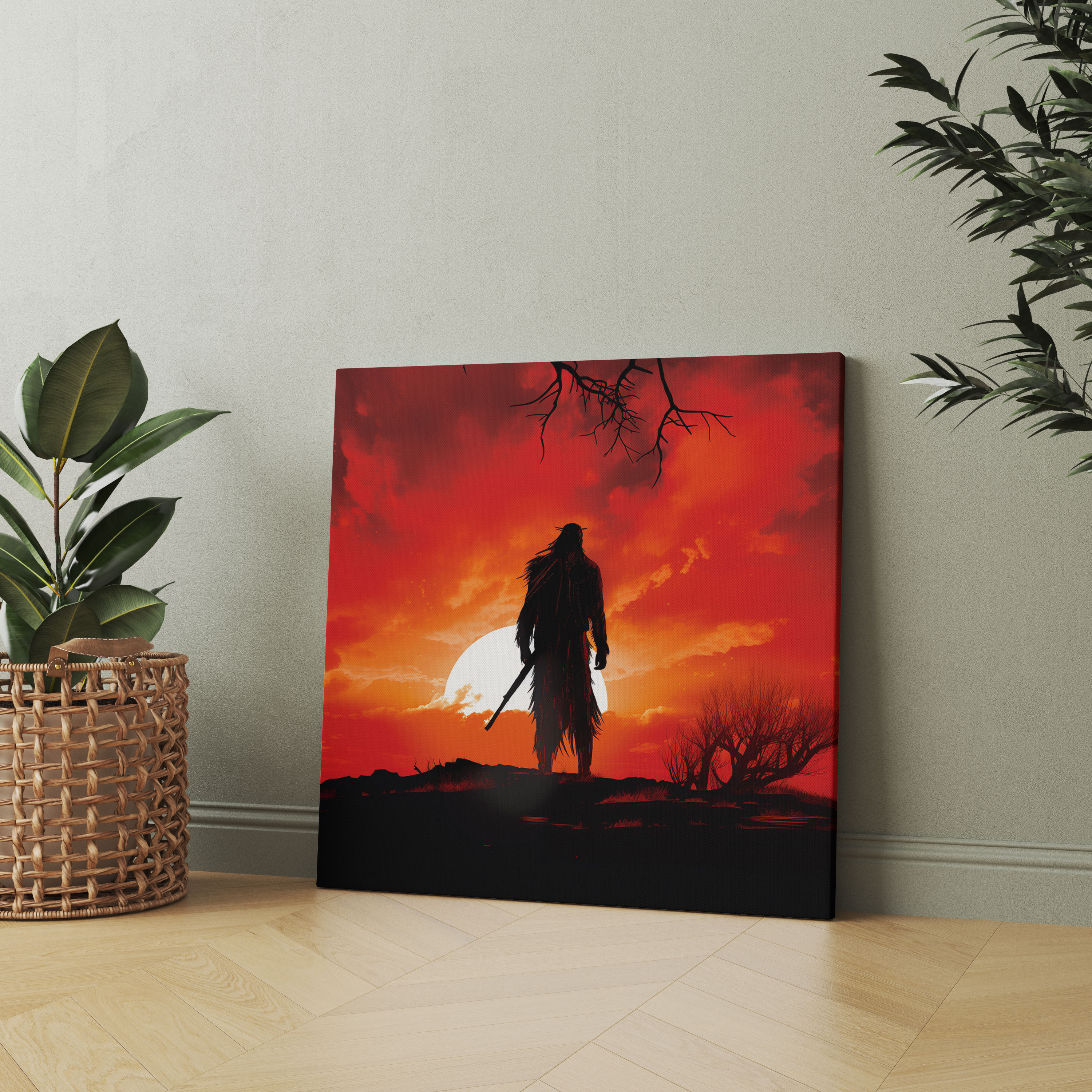 Red Indian Wall Art - Digital Native American Warrior - Red Indian, Red Sky, Silhouette, Canvas Wall Art