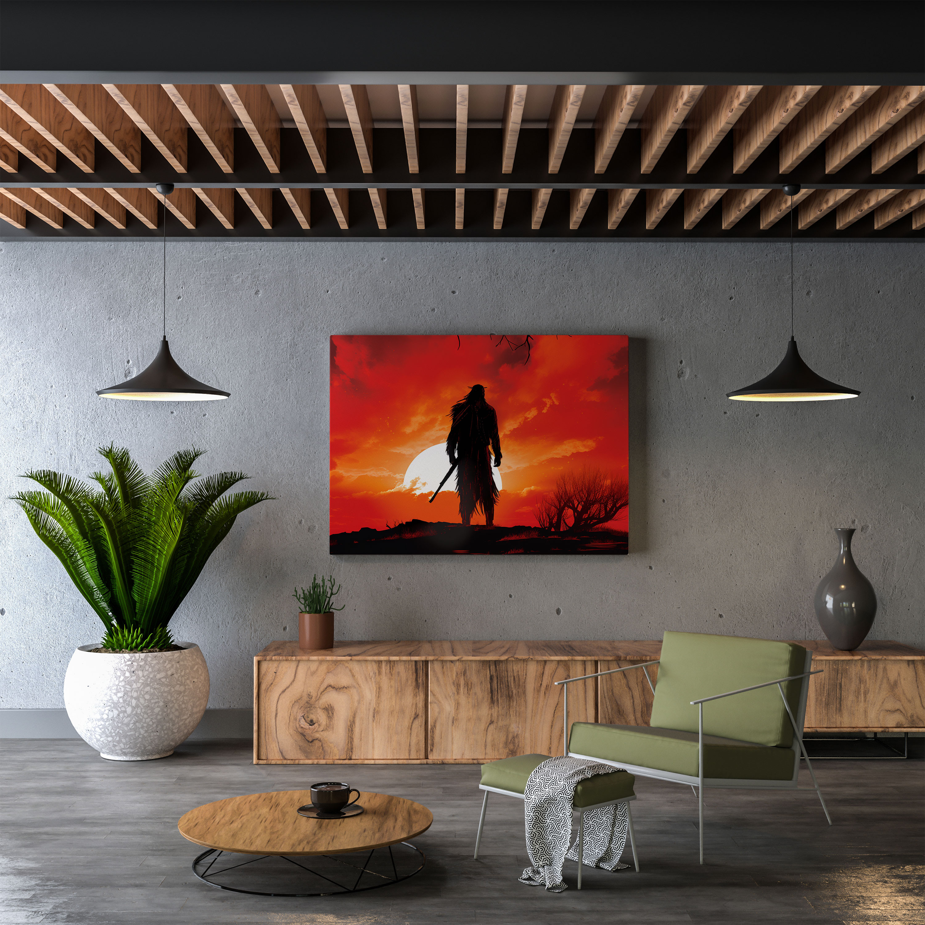 Red Indian Wall Art - Digital Native American Warrior - Red Indian, Red Sky, Silhouette, Canvas Wall Art