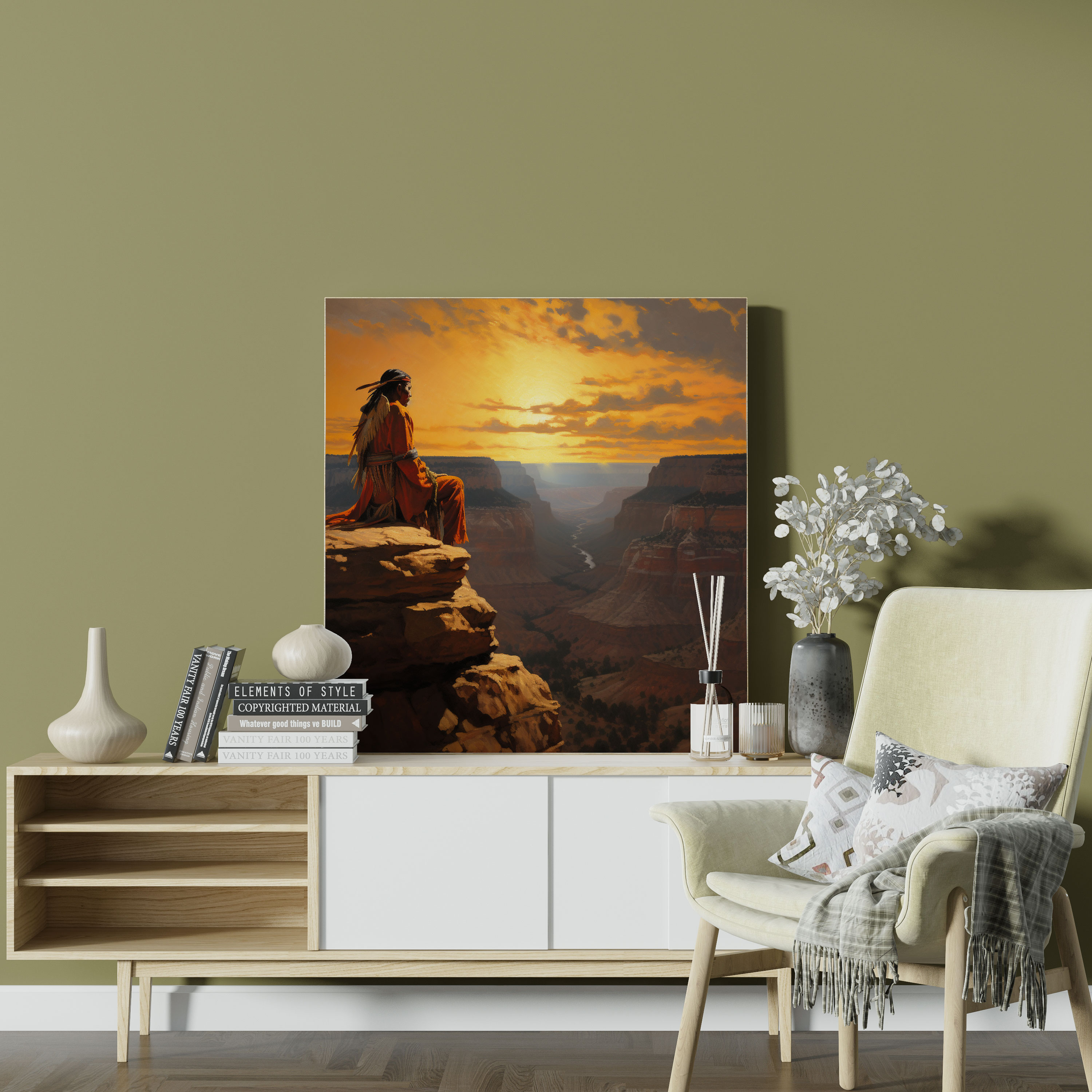 Red Indian Wall Art - Serene Chief Canvas Print - Red Indian, Setting Sun, Home Decoration, Awe