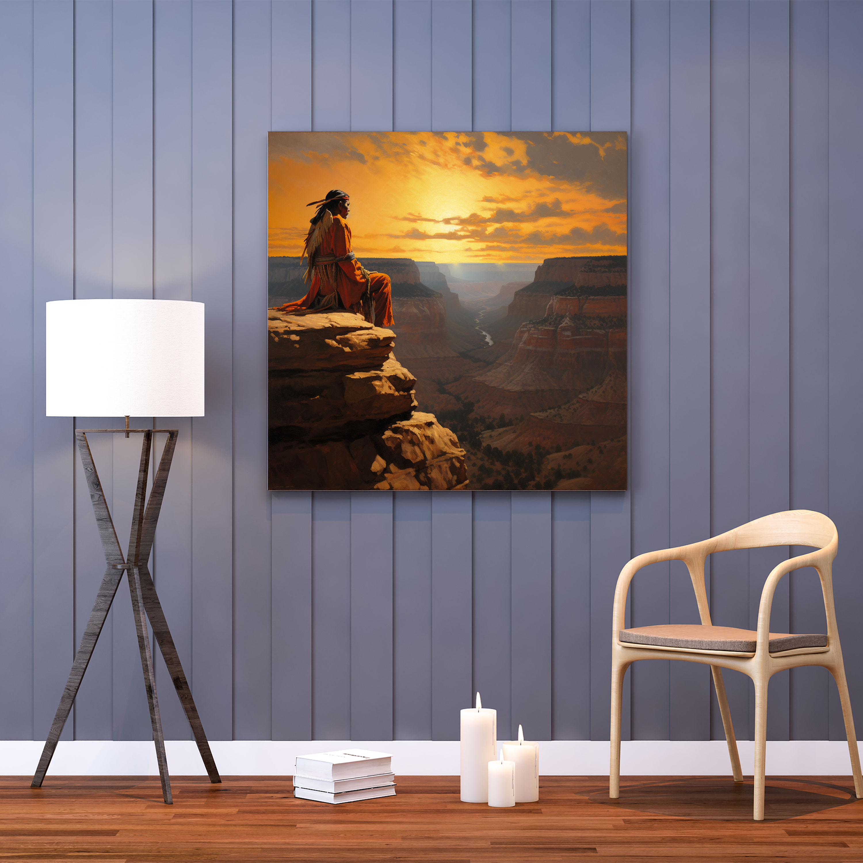 Red Indian Wall Art - Serene Chief Canvas Print - Red Indian, Setting Sun, Home Decoration, Awe