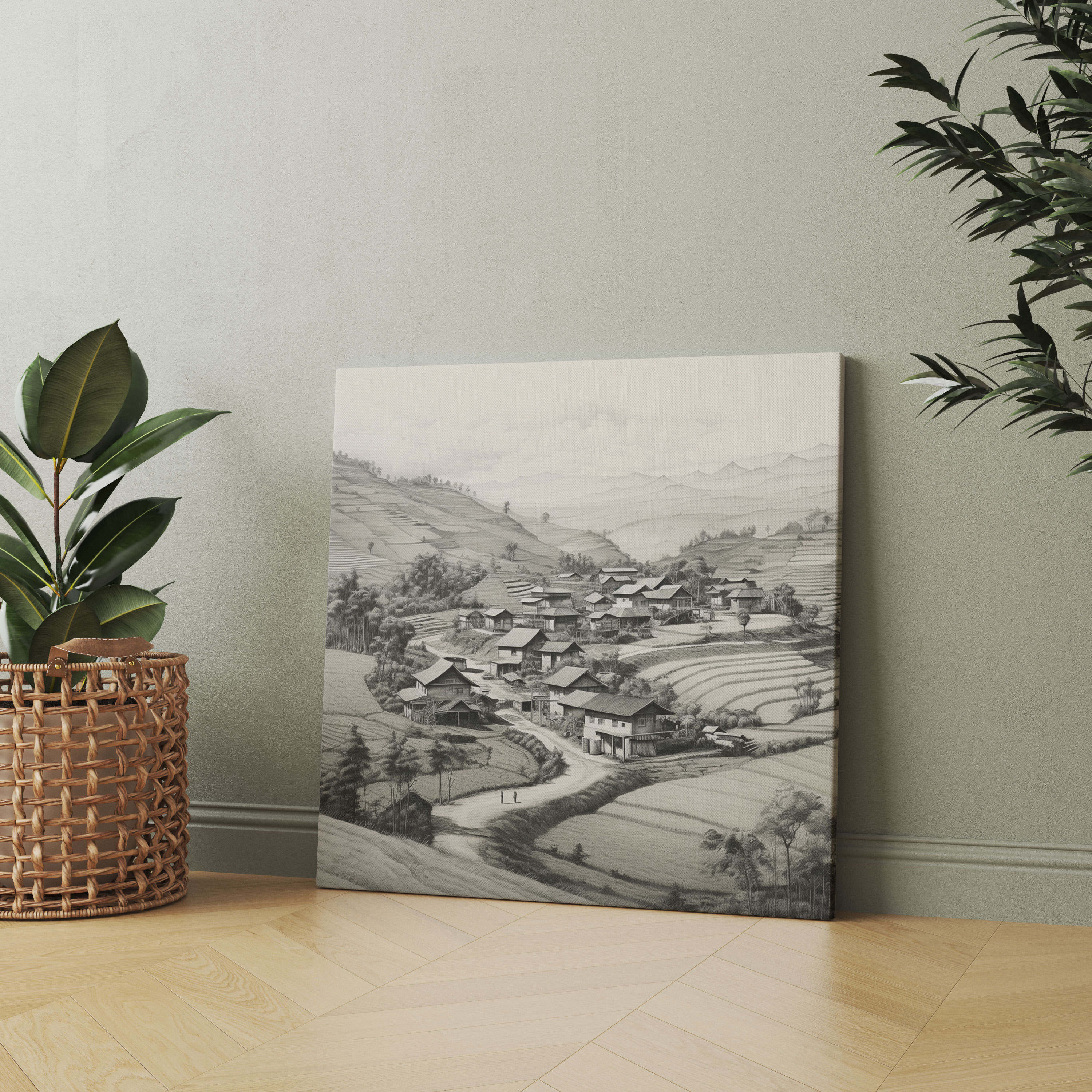Red Indian Wall Art - Serene Village Canvas Print - Red Indian, Peaceful Village, Rolling Hills, Canvas Print