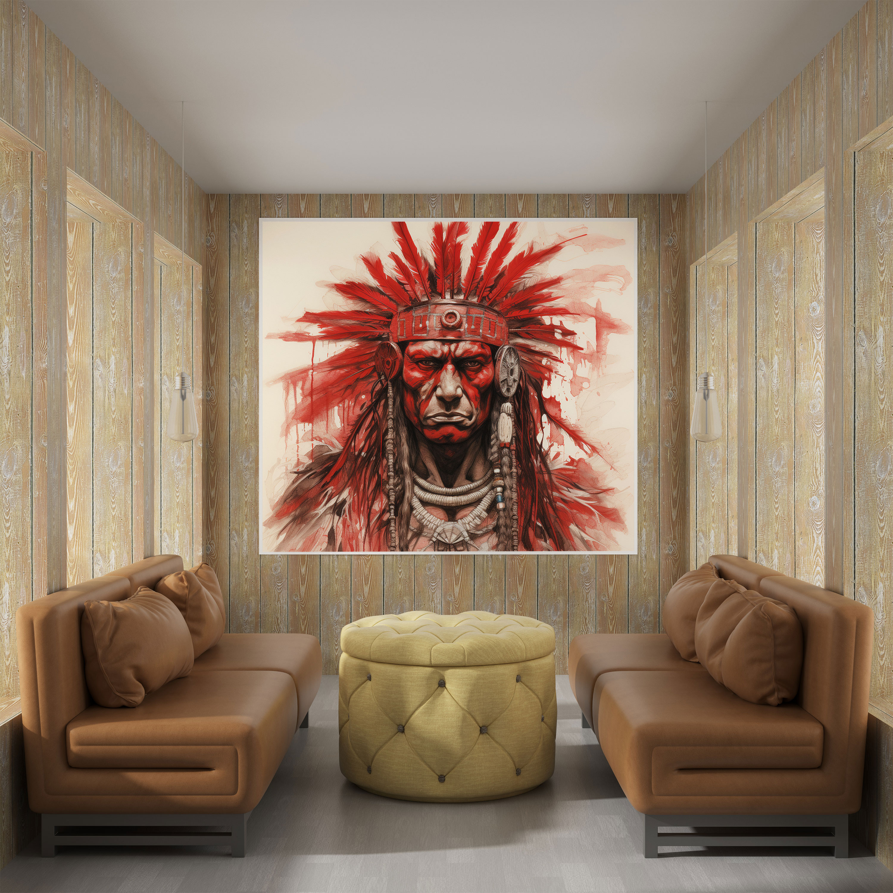 Roter Indianer Wandkunst - Krieger mit intensiven Augen Leinwandbild - Indianer Leinwand Indianer Wandkunst